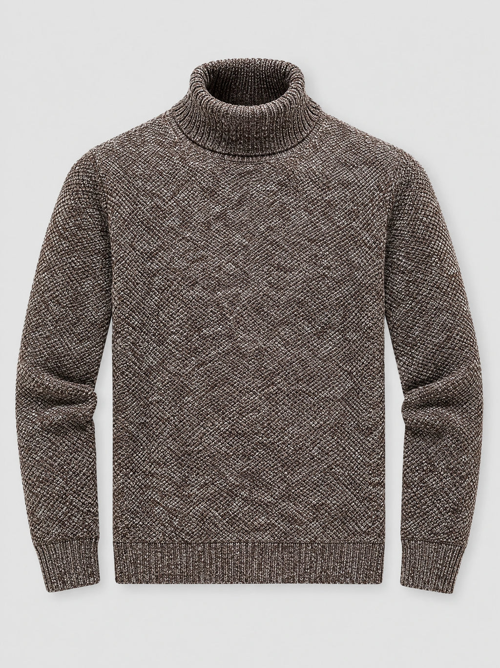 Brown knitted turtleneck sweater laid flat, featuring textured wool knit and ribbed cuffs and hem.