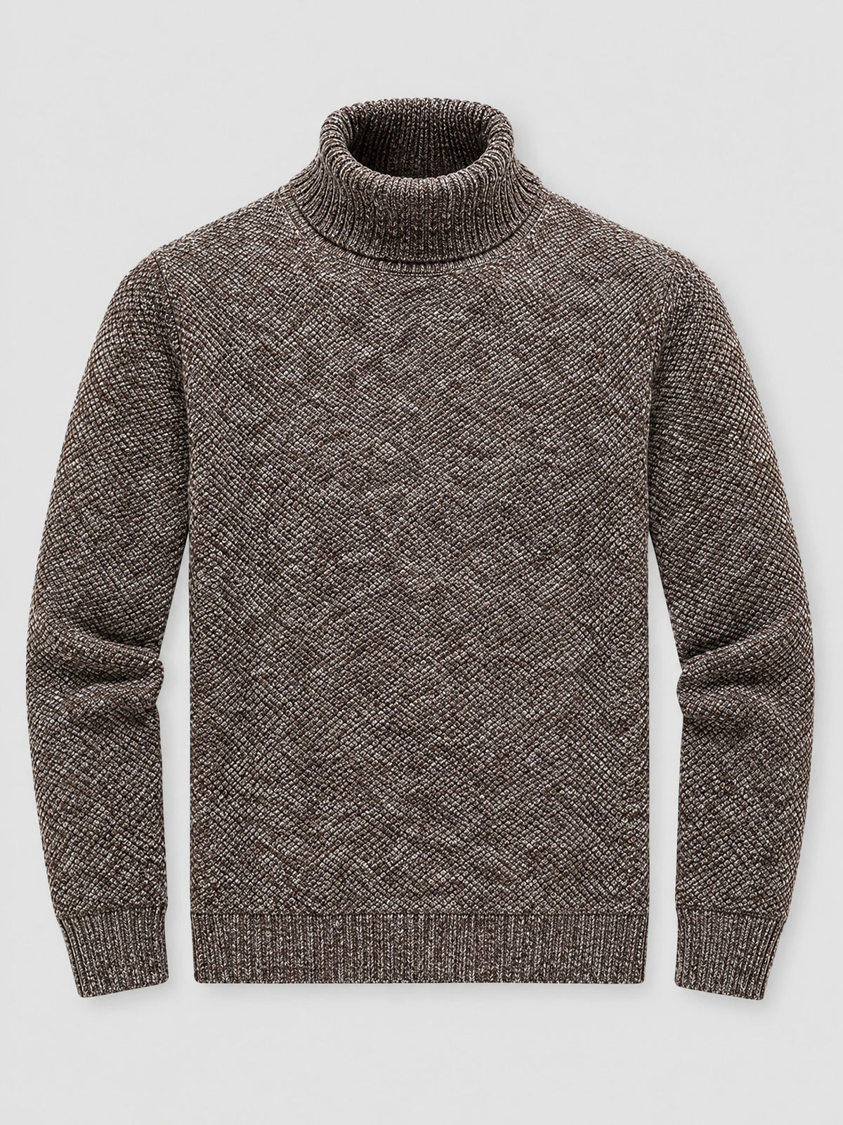 Brown knitted turtleneck sweater laid flat, featuring textured wool knit and ribbed cuffs and hem.