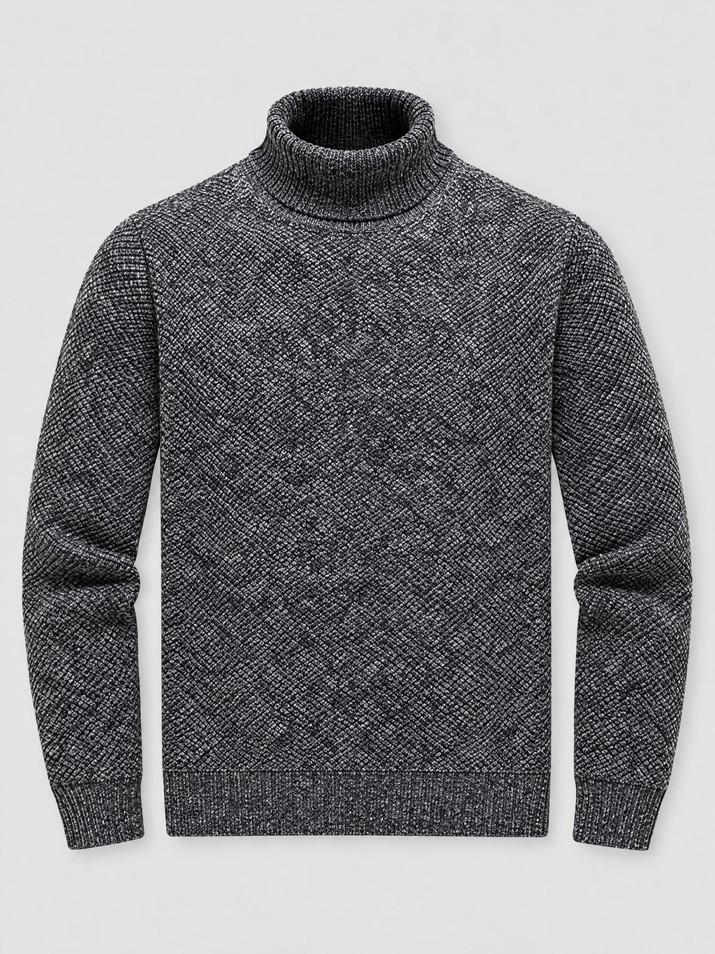 Gray knitted turtleneck sweater laid flat, featuring a textured knit body and ribbed collar, cuffs, and hem.