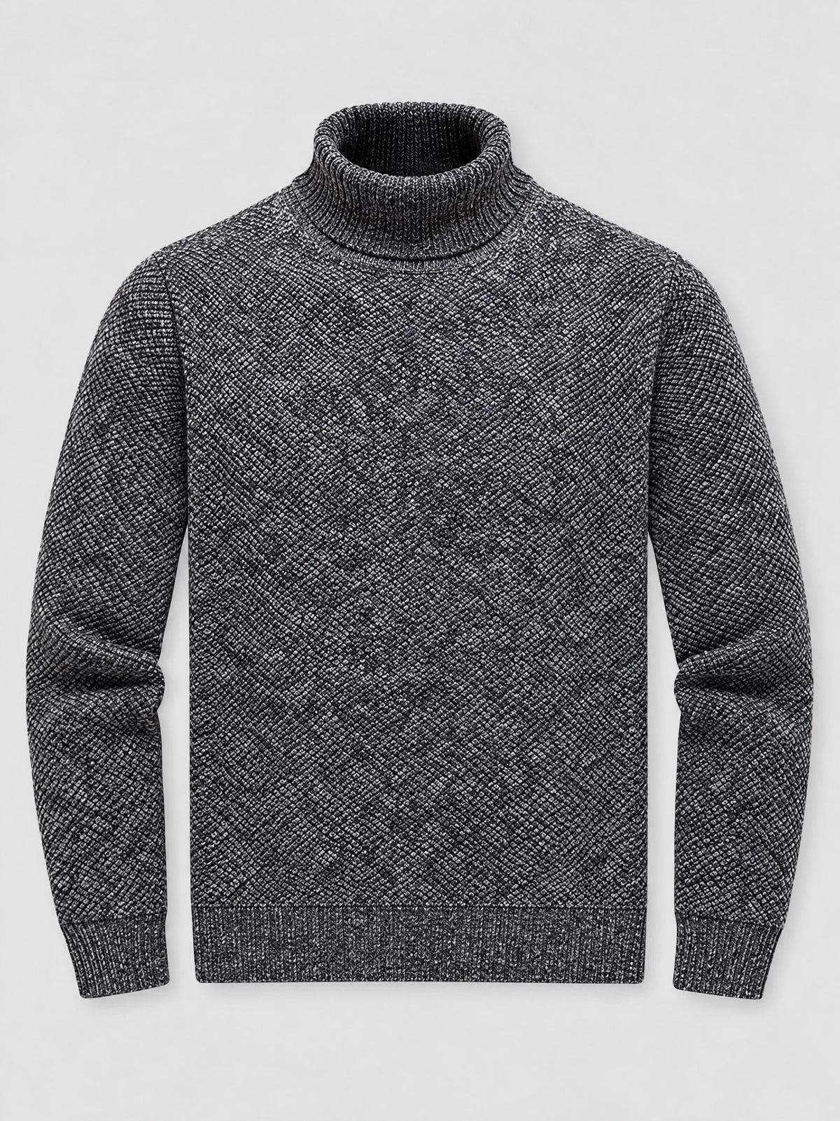 Gray knitted turtleneck sweater laid flat, featuring a textured knit body and ribbed collar, cuffs, and hem.