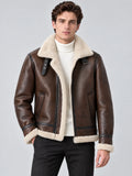 Front studio view of a model wearing a Brown Leather Aviator Jacket with shearling-style collar and trim, zip front, and angled pockets.
