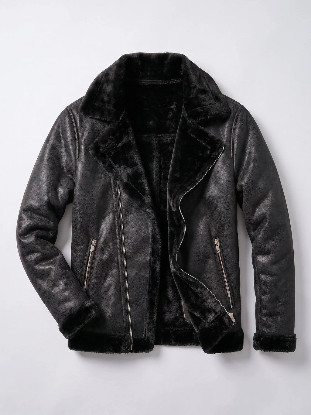 Black aviator-style PU leather jacket laid flat, featuring a plush-lined collar, cuffs, front zipper, and zippered pockets.