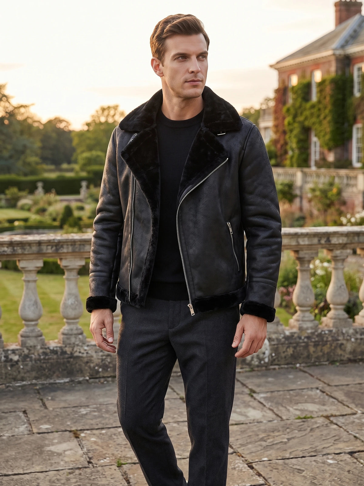 Model wearing a Black aviator-style leather jacket with a plush collar and zip pockets on a garden terrace.
