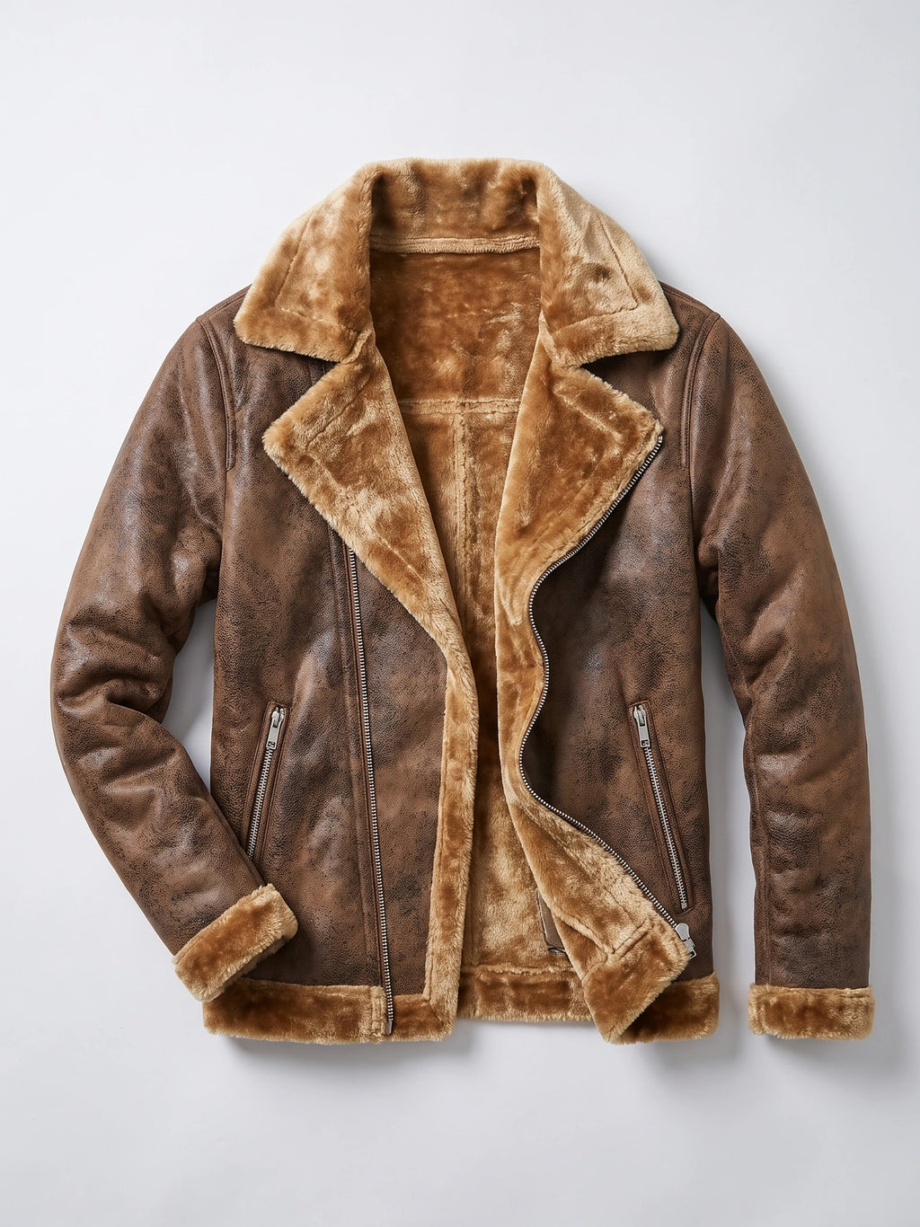 Brown PU leather aviator jacket laid flat, featuring a plush-lined wide collar, cuffs, hem, and zippered front pockets.