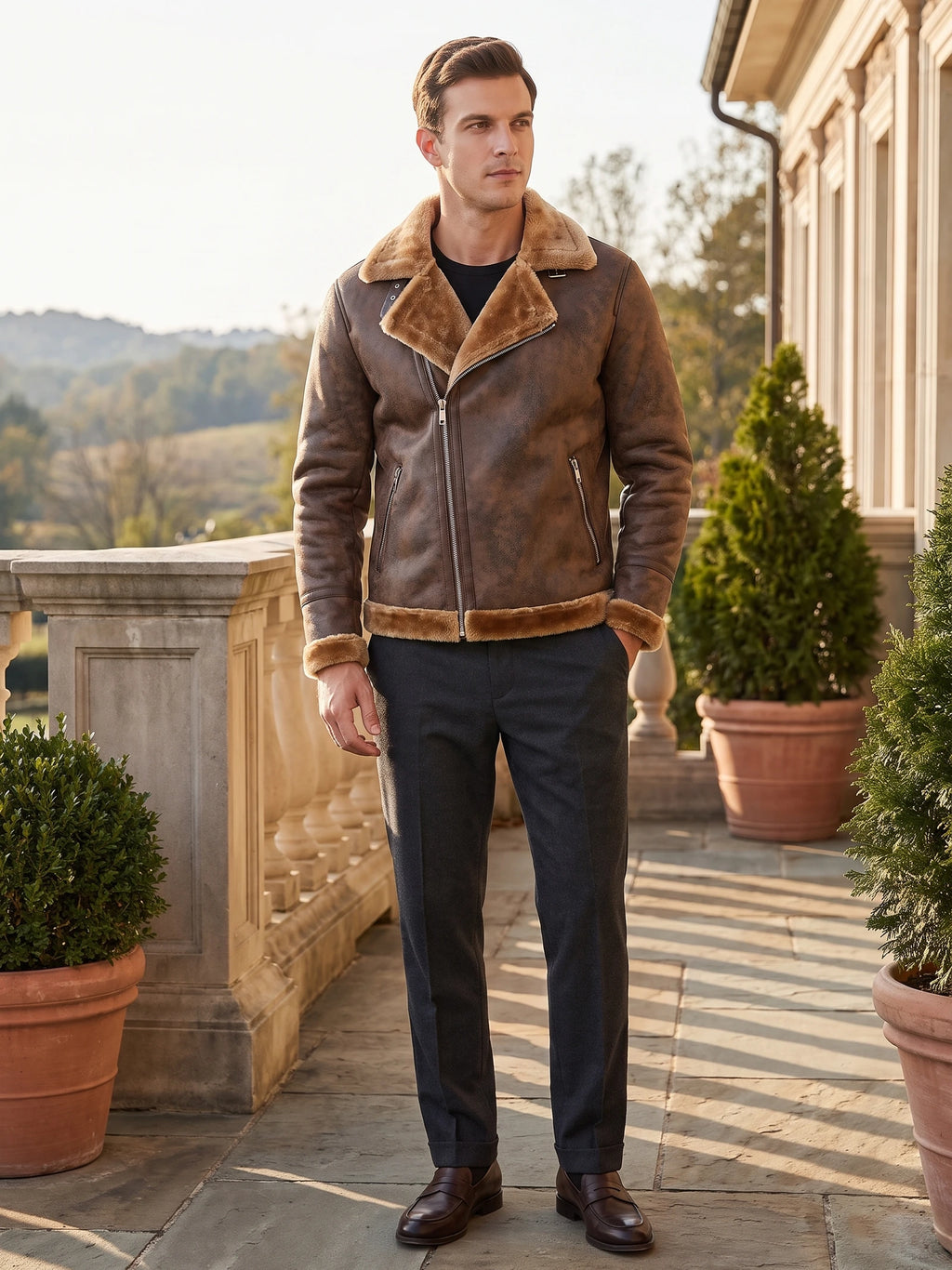Model wearing a Brown aviator-style leather jacket with a shearling-look collar on a sunlit terrace.