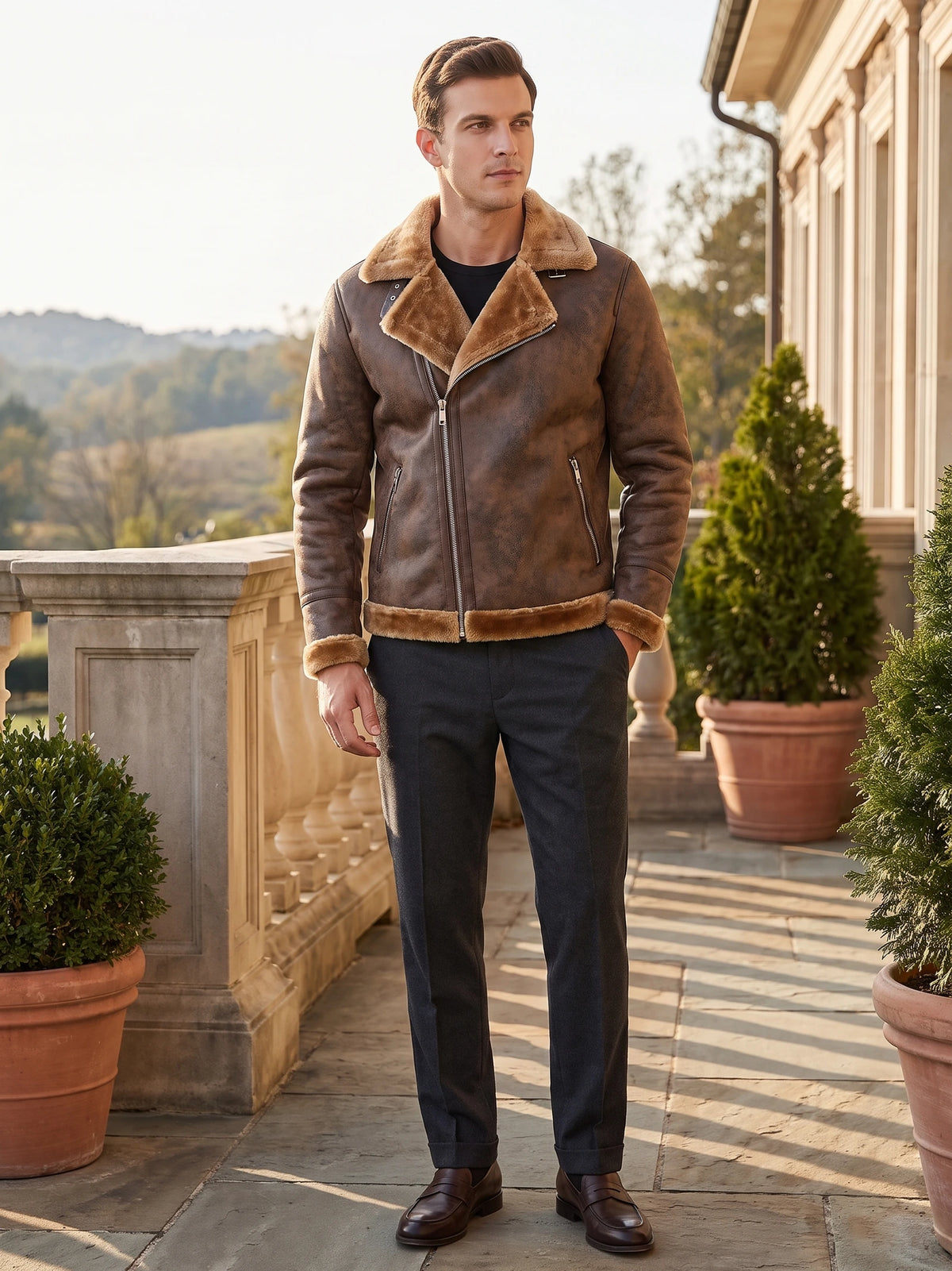 Model wearing a Brown aviator-style leather jacket with a shearling-look collar on a sunlit terrace.