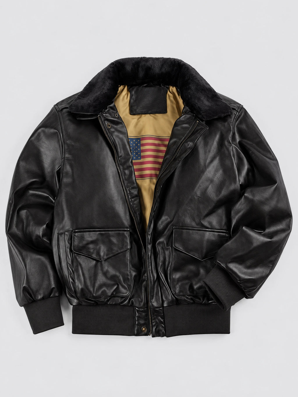 Black Leather Bomber Jacket laid flat with a plush collar, zip front, flap pockets, and ribbed cuffs and hem.