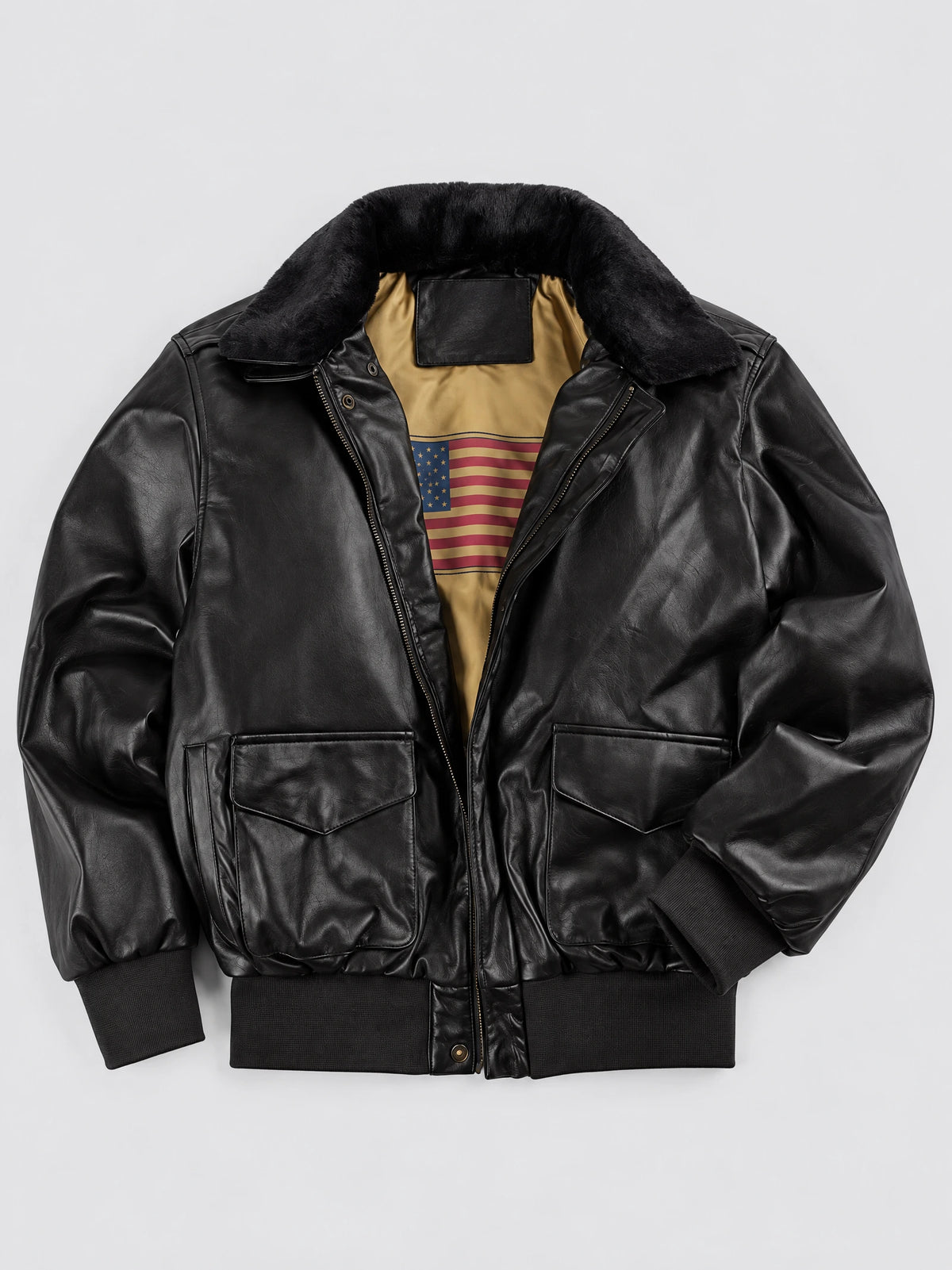 Black Leather Bomber Jacket laid flat with a plush collar, zip front, flap pockets, and ribbed cuffs and hem.