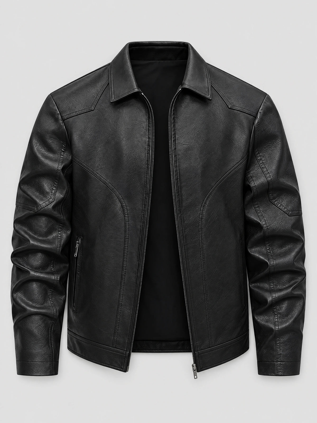Black leather bomber jacket laid flat, shown with an open front zipper, pointed collar, and stitched shoulder panels.