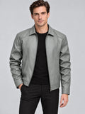 Front studio view of a model wearing a Gray leather bomber jacket with a pointed collar, zip front, and stitched sleeve panels.