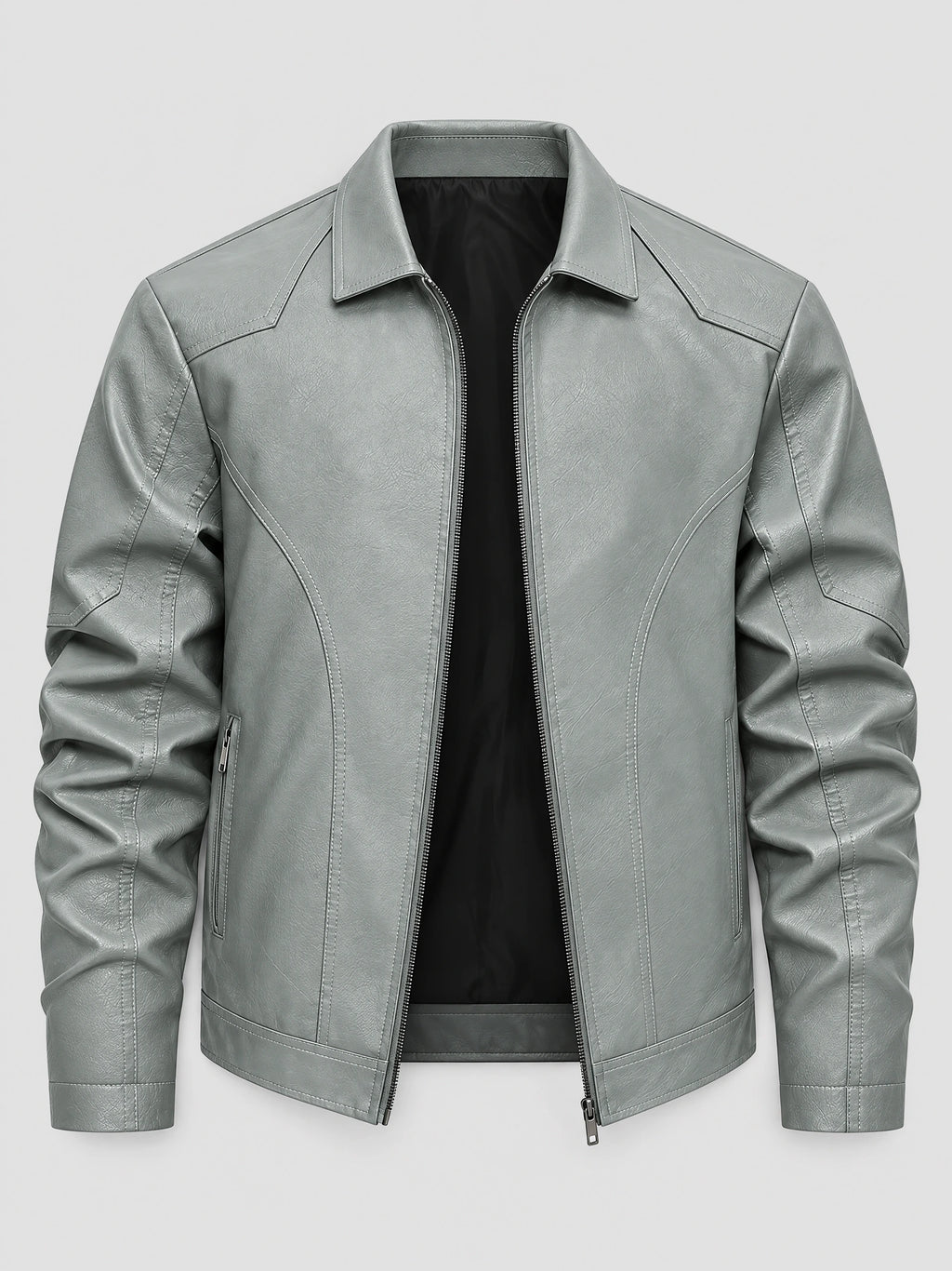 Gray leather bomber jacket laid flat with an open front zipper, pointed collar, zip pockets, and stitched paneling.