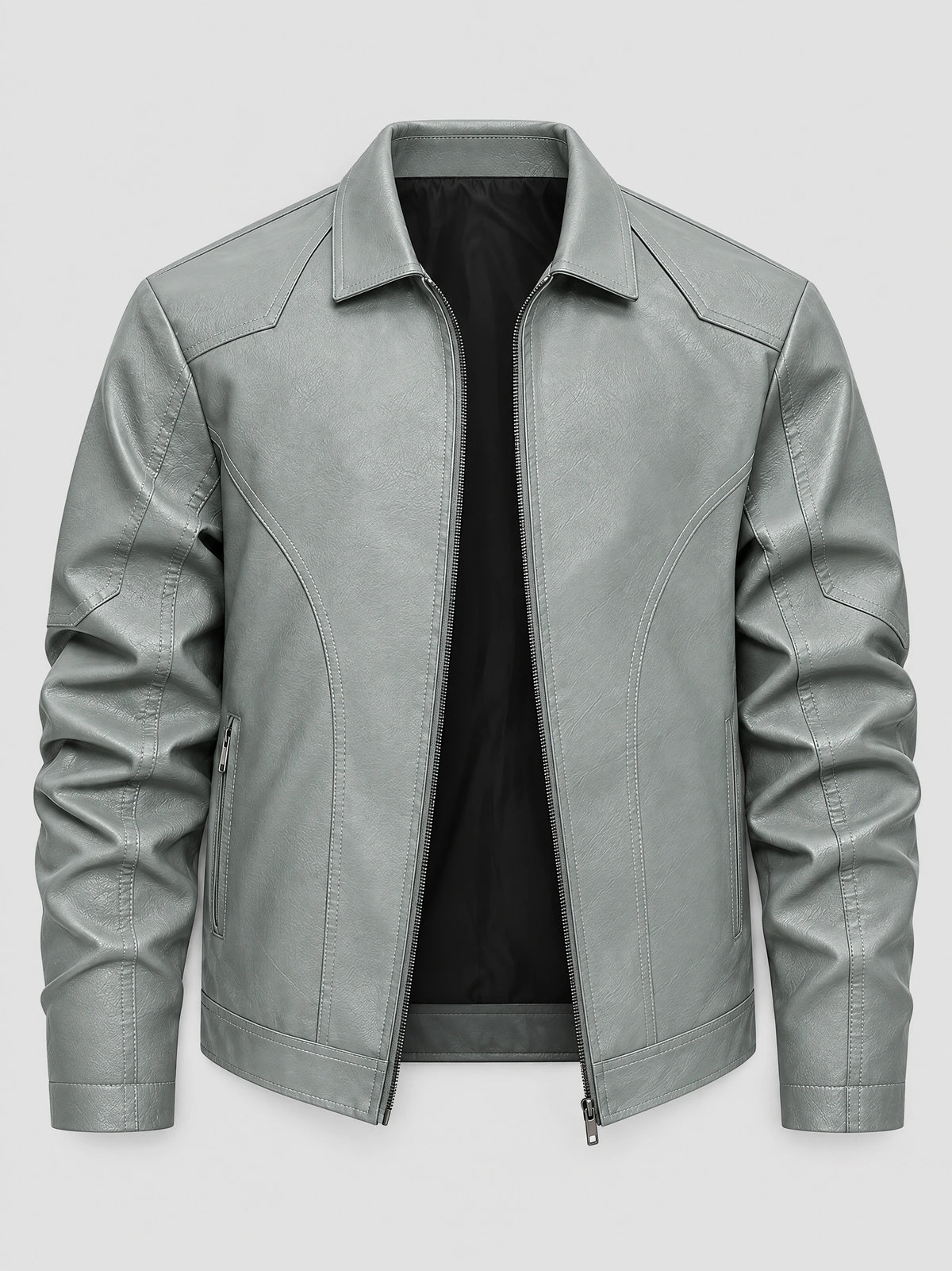 Gray leather bomber jacket laid flat with an open front zipper, pointed collar, zip pockets, and stitched paneling.