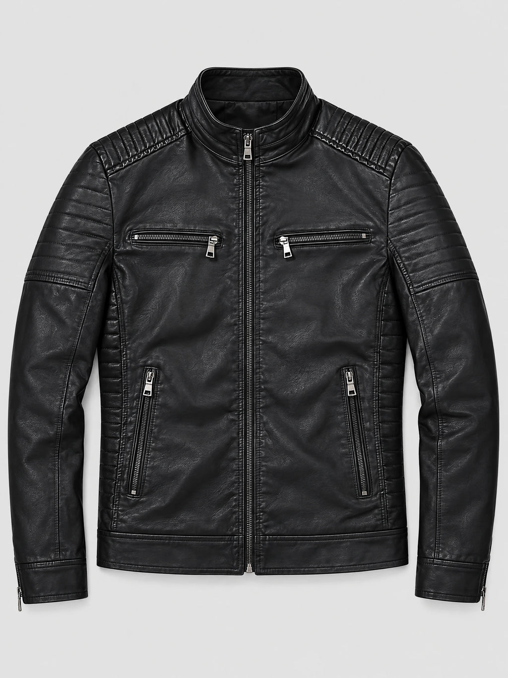 Black Leather Fall Jacket laid flat, featuring a stand collar, quilted shoulder panels, front zipper, and four zippered pockets.