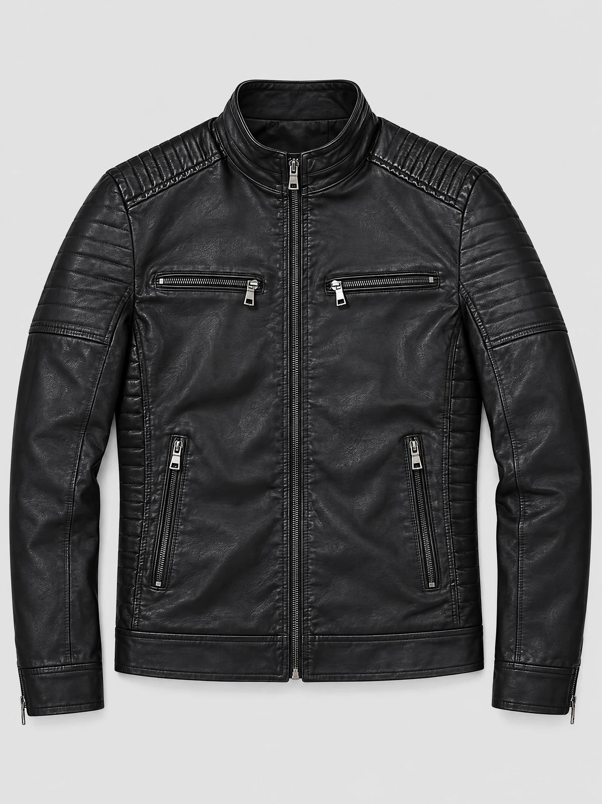 Black Leather Fall Jacket laid flat, featuring a stand collar, quilted shoulder panels, front zipper, and four zippered pockets.