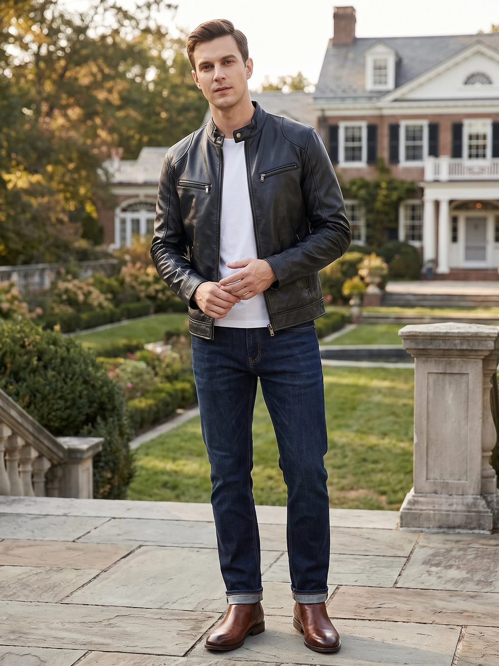 Man wearing a Black Men's Leather Jacket with zip chest pockets on a stone terrace outside a house.
