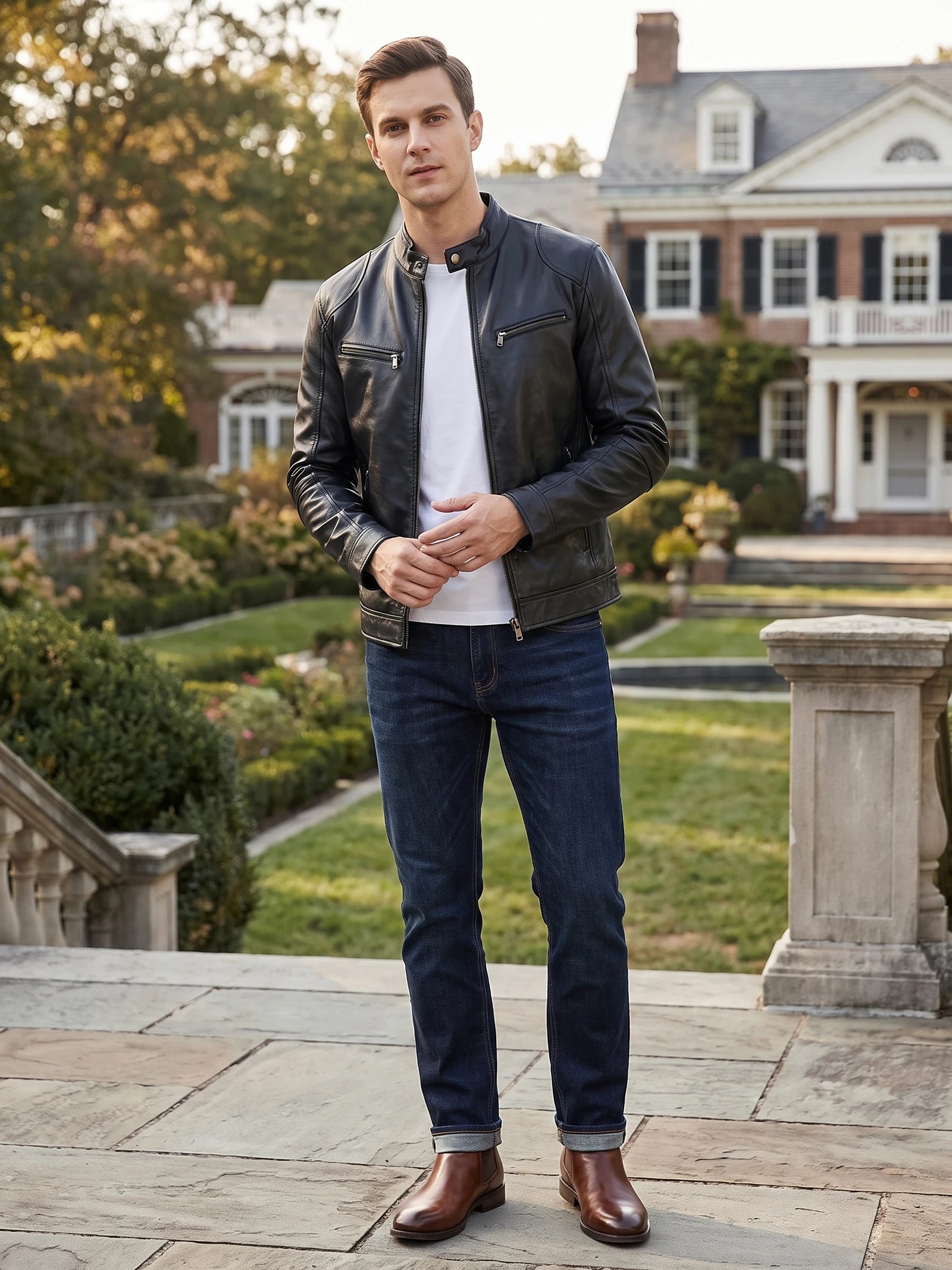 Man wearing a Black Men's Leather Jacket with zip chest pockets on a stone terrace outside a house.
