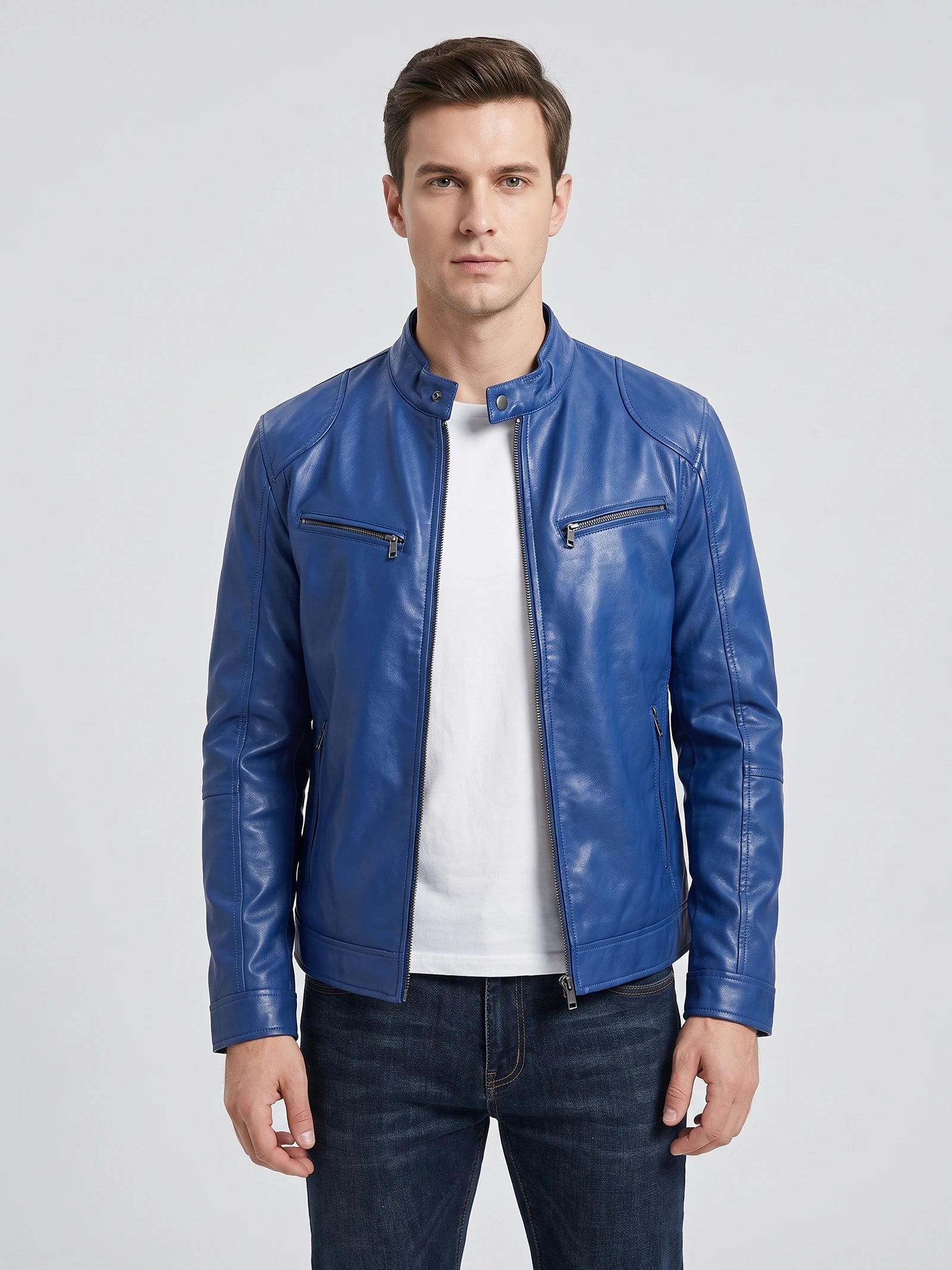 Front studio view of a model wearing a Blue Men's Leather Jacket with a stand collar and zippered chest pockets.