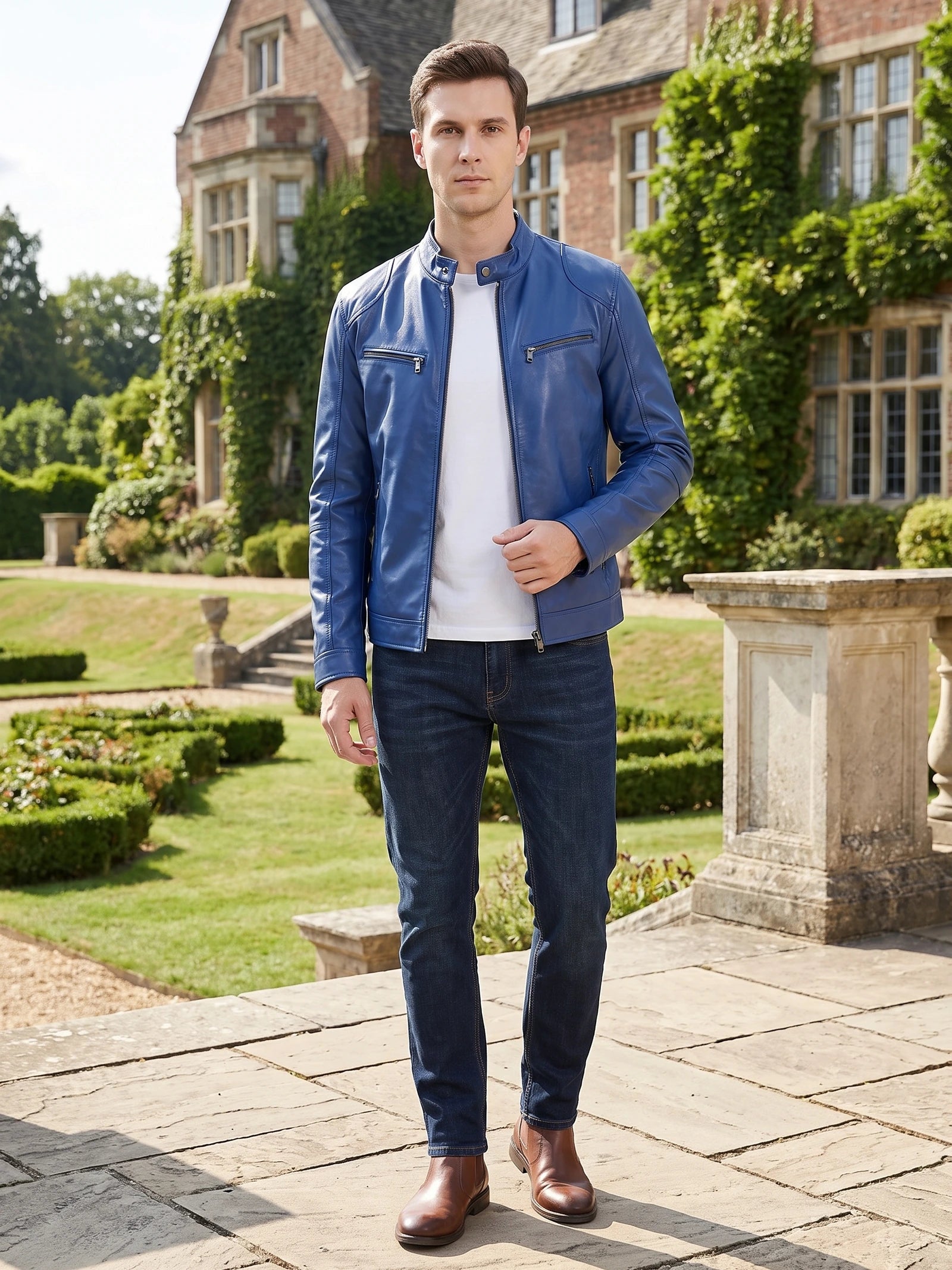 Man wearing a Blue men's leather jacket with zip chest pockets while walking through a landscaped estate garden.