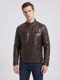 Front studio view of a model wearing a Brown men's leather jacket with a stand collar, zip front, and chest pockets.