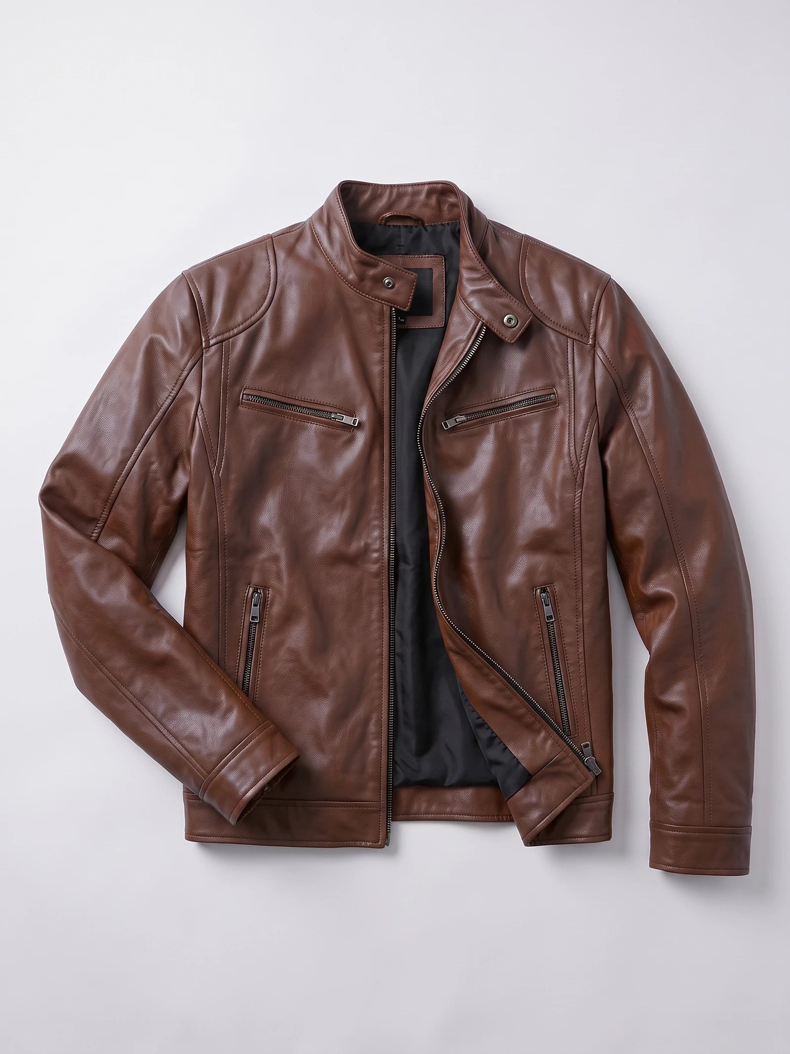 Brown men's leather jacket laid flat, featuring an asymmetrical front zipper, snap-tab collar, and zippered chest and side pockets.
