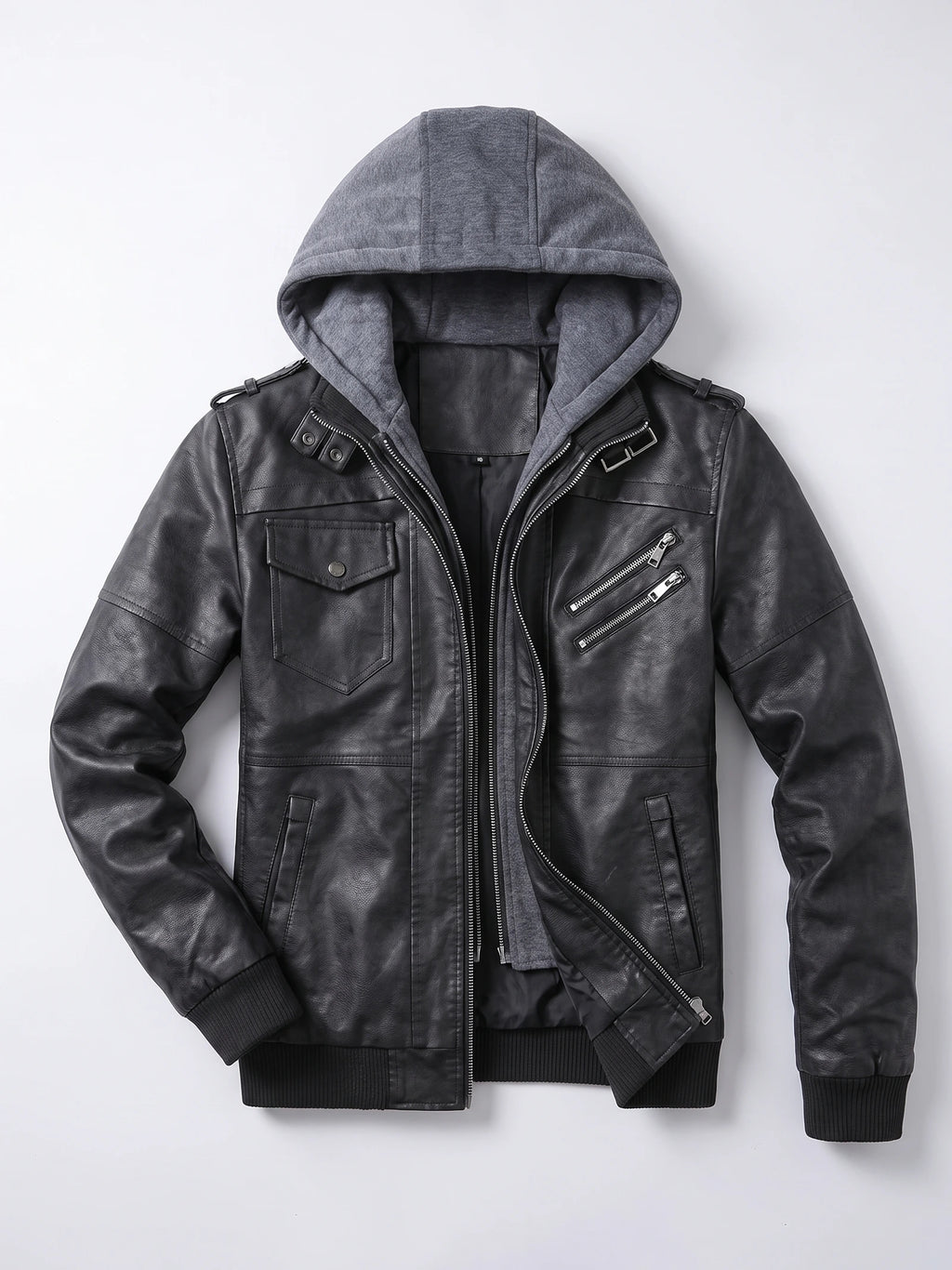 Black mens leather jacket laid flat, featuring an attached hood, asymmetric zipper, flap chest pocket, and zippered pockets.
