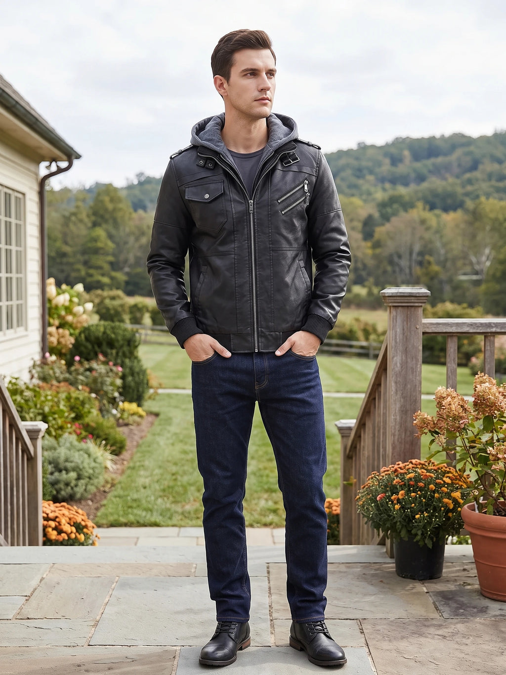 Model wearing a Black mens leather jacket with zippered chest pockets on a garden patio.