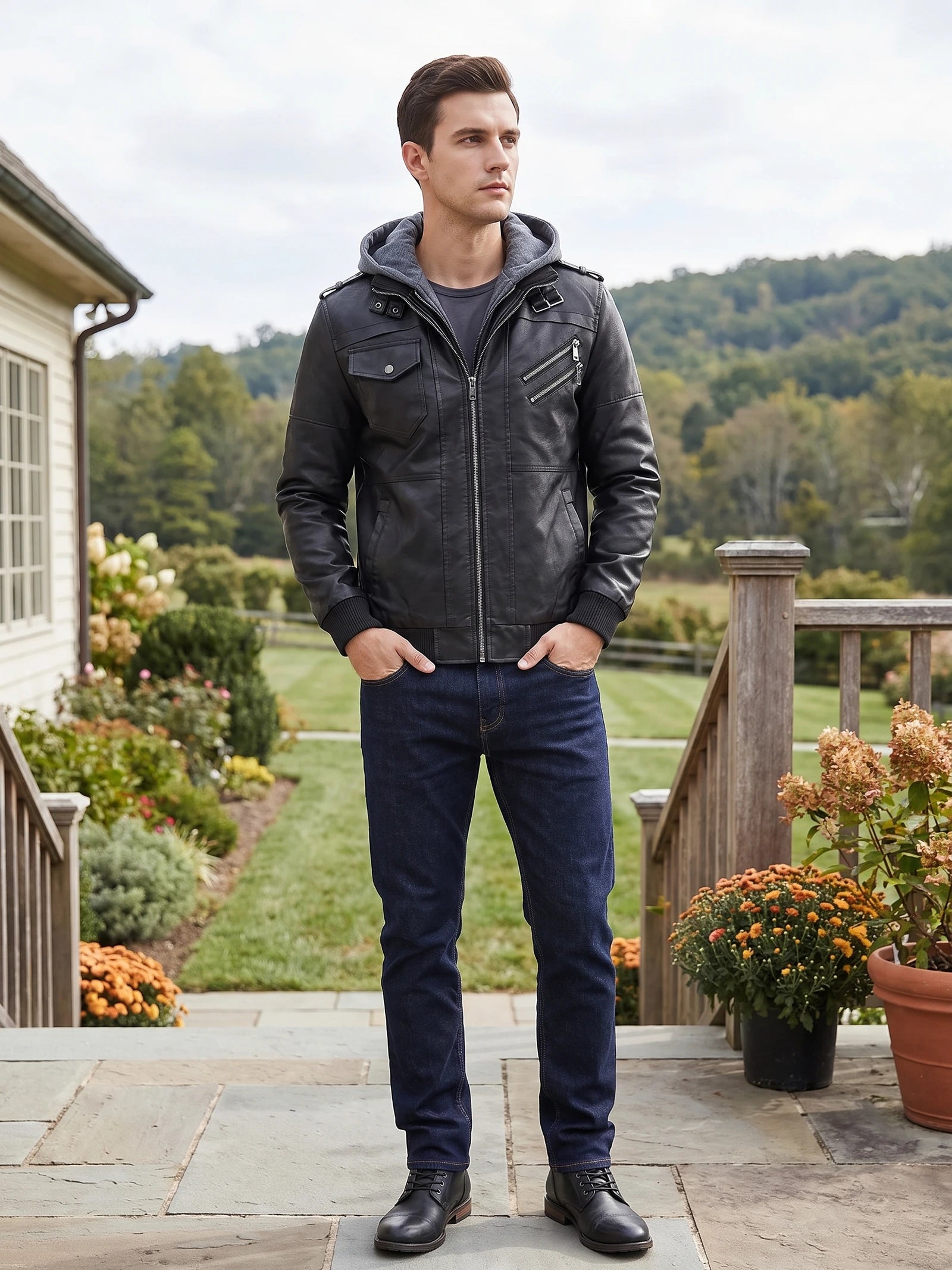 Model wearing a Black mens leather jacket with zippered chest pockets on a garden patio.