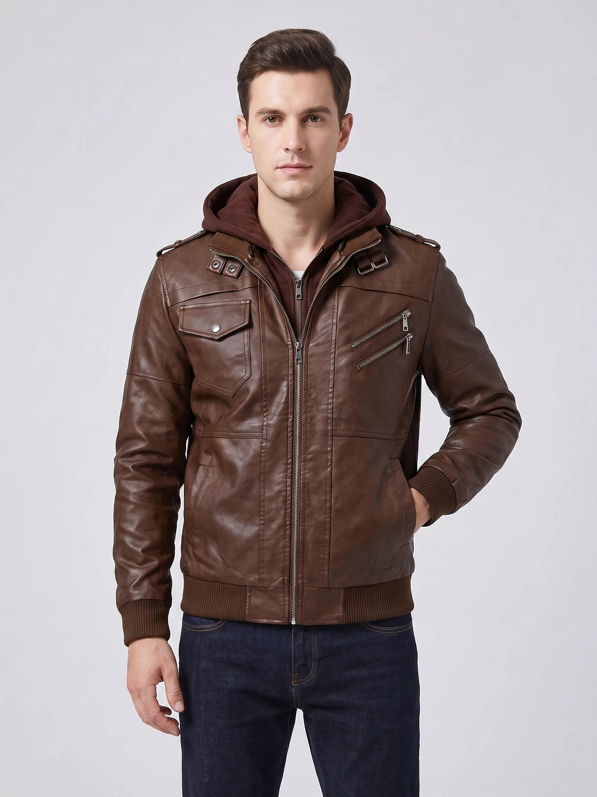 Front studio view of a model wearing a Brown mens leather jacket with a hood, zip front, chest pockets, and ribbed cuffs.
