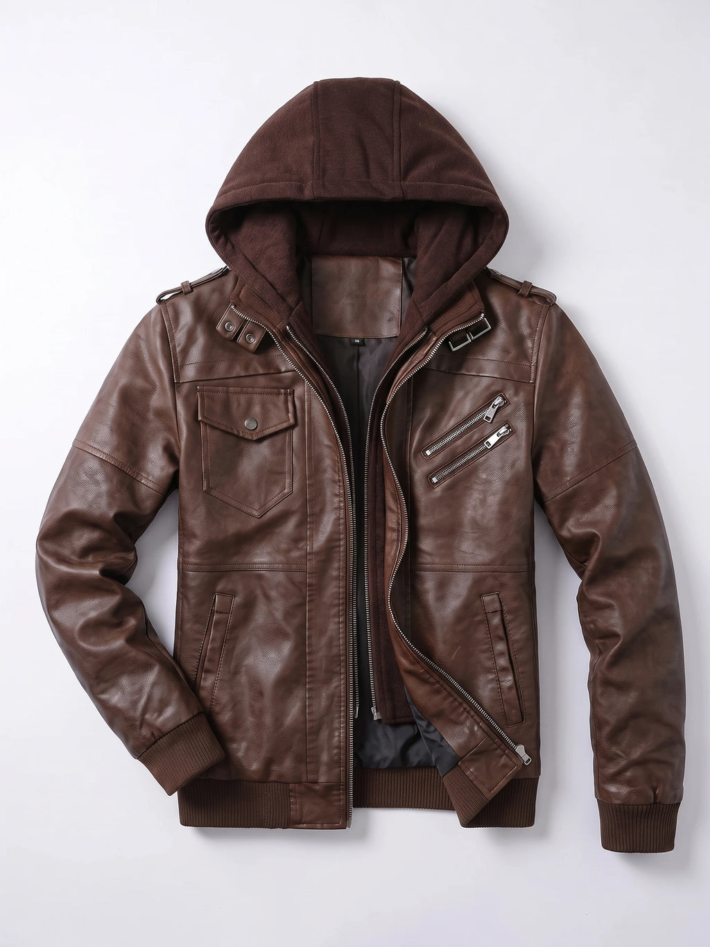 Brown mens leather jacket laid flat, featuring a hood, asymmetric front zipper, flap chest pocket, and zippered chest pockets.