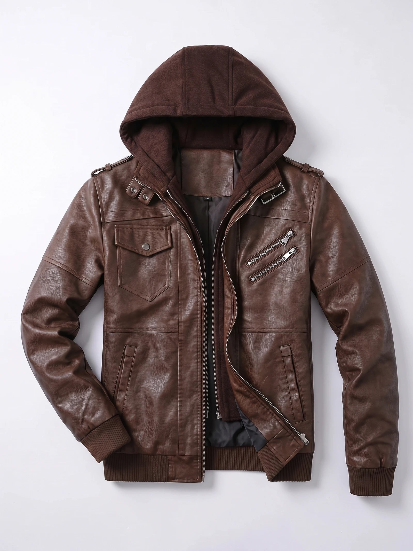 Brown mens leather jacket laid flat, featuring a hood, asymmetric front zipper, flap chest pocket, and zippered chest pockets.