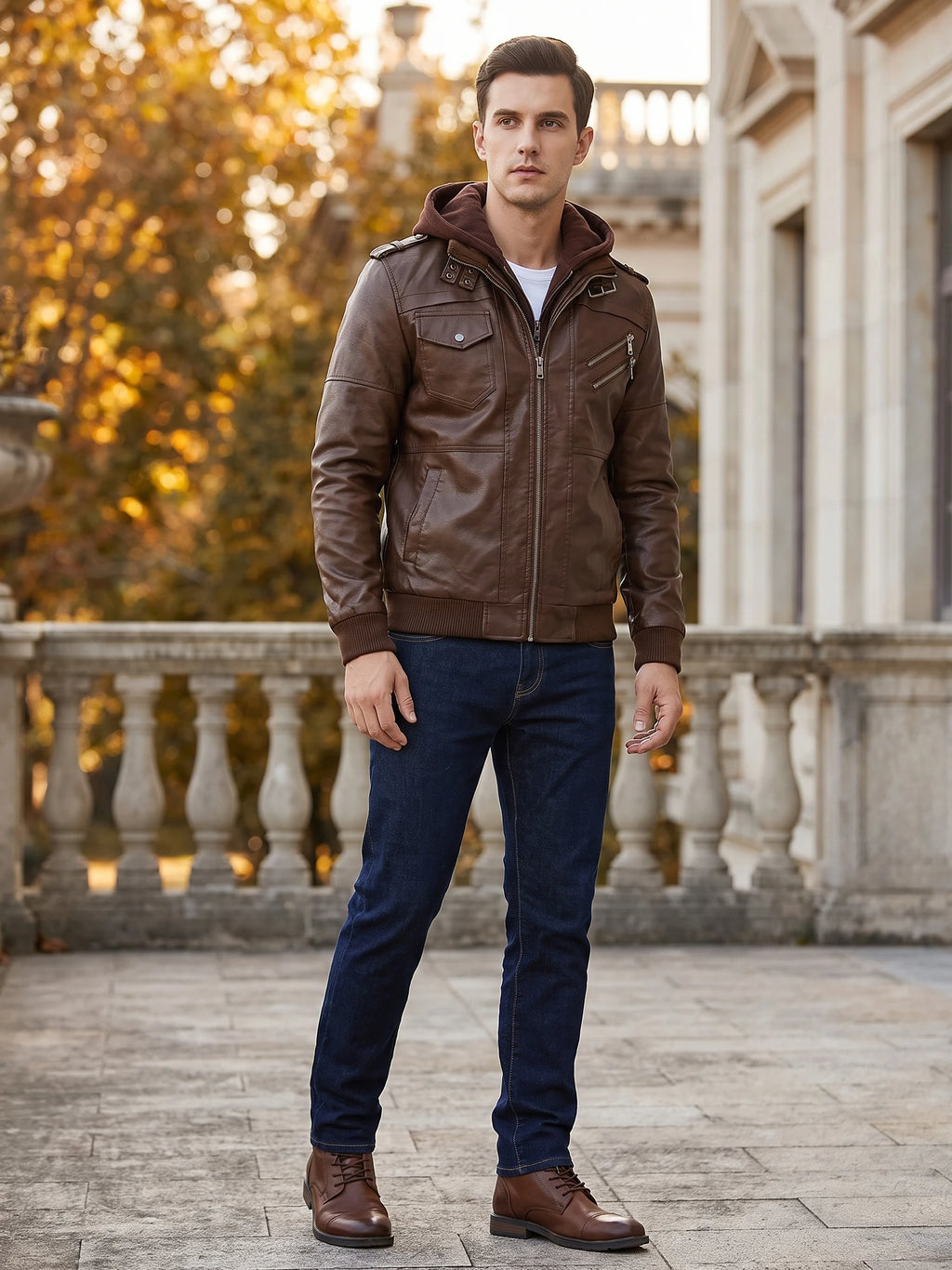 Man wearing a Brown mens leather jacket with a hood, zip pockets, and flap chest pocket outdoors beside autumn trees.