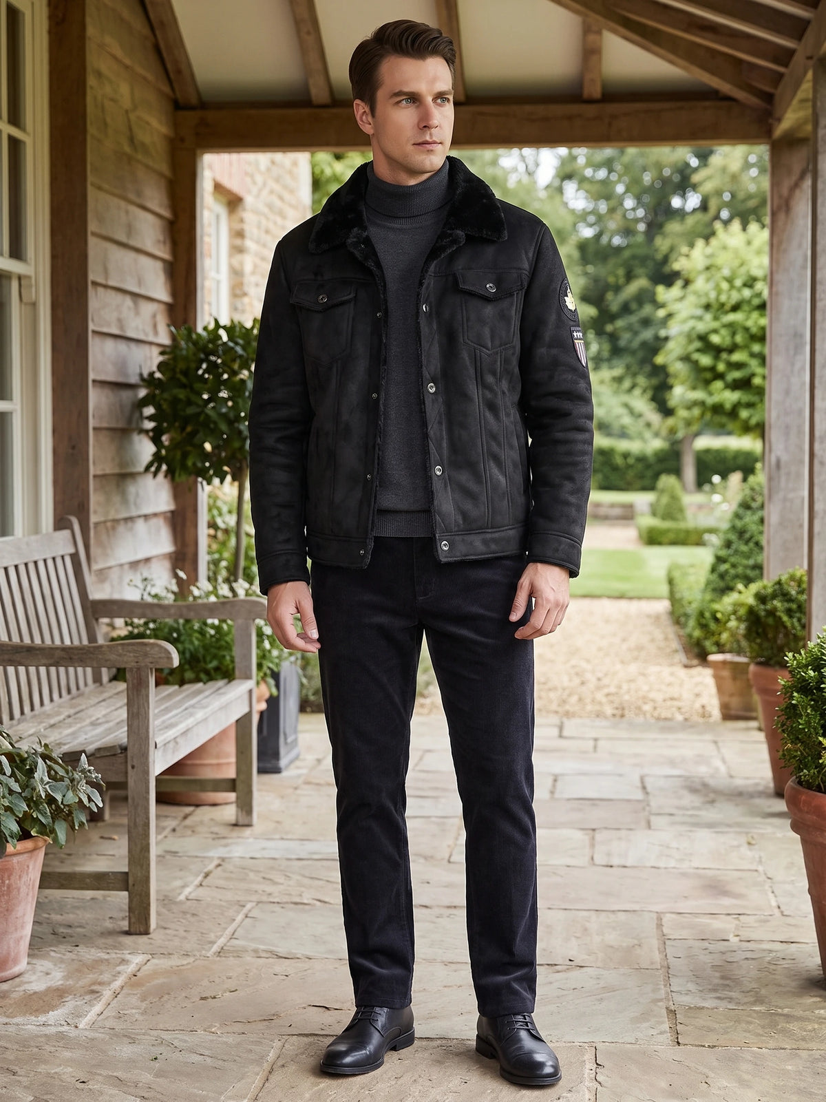 Model wearing a Black leather jacket with a fleece-lined collar on a covered porch.