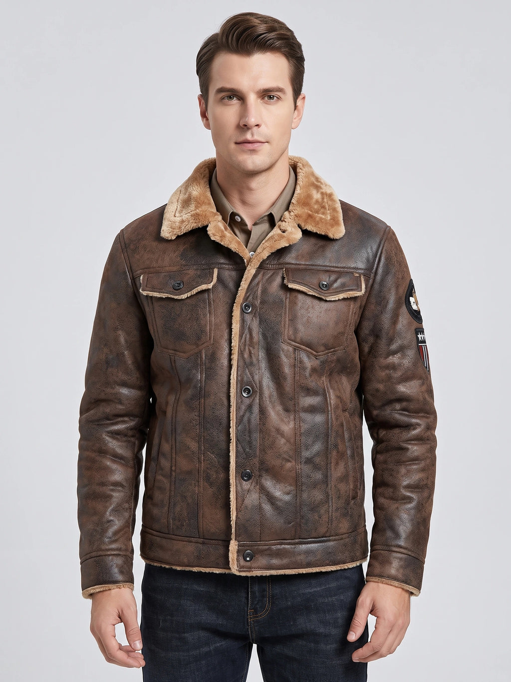 Front studio view of a model wearing a Brown leather jacket with a fleece collar, button closure, and chest flap pockets.