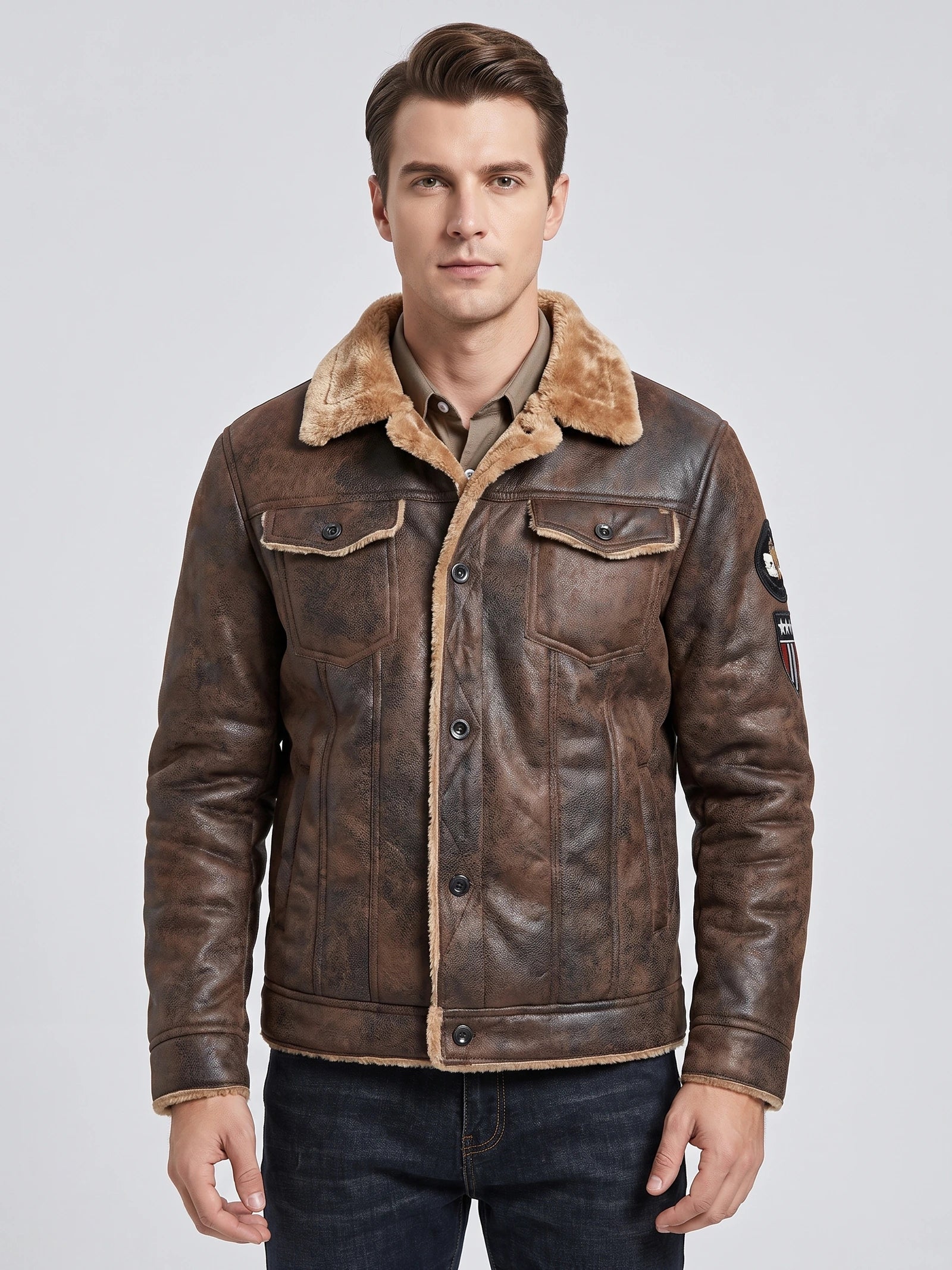 Front studio view of a model wearing a Brown leather jacket with a fleece collar, button closure, and chest flap pockets.