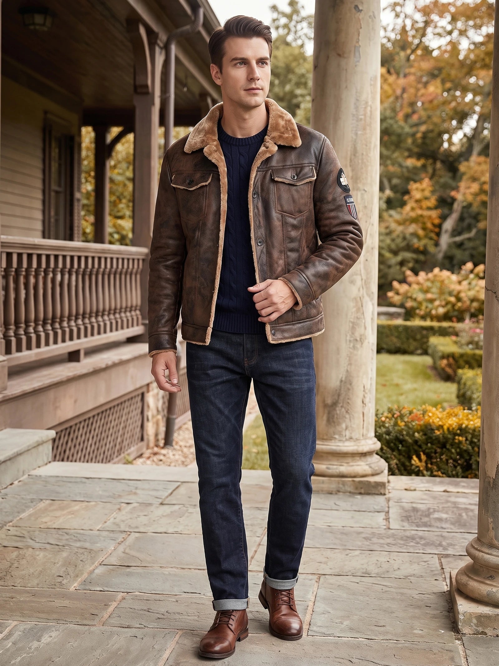 Man wearing a Brown leather jacket with a fleece-lined collar while walking along a columned porch.