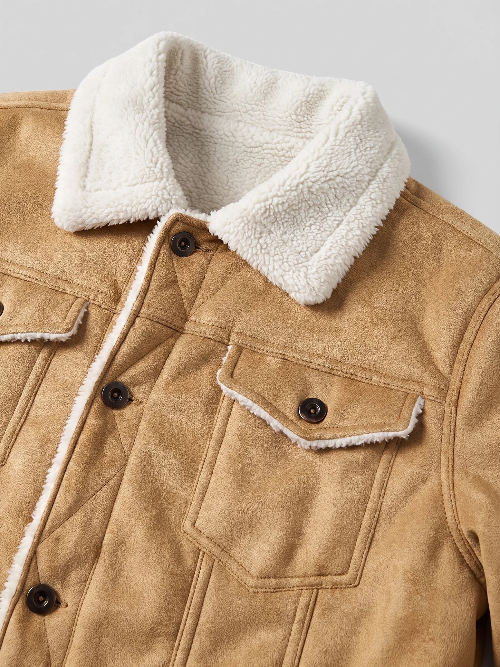Close-up of a Khaki men's leather jacket with a fleece-lined collar, snap buttons, and flap chest pockets.