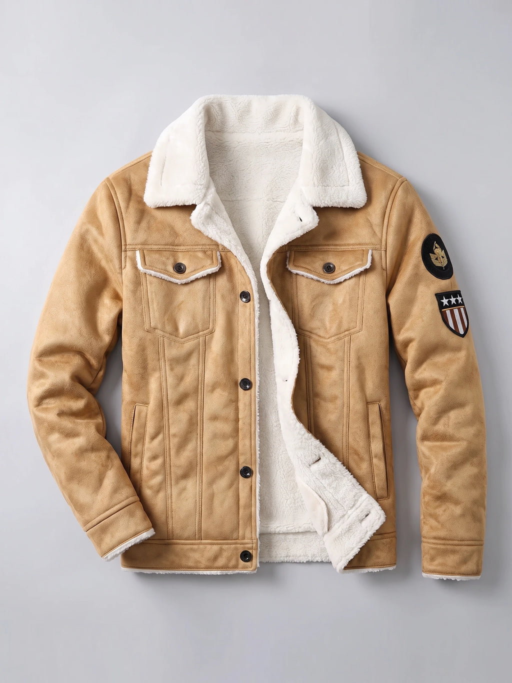 Khaki leather jacket laid flat with a plush fleece lining, button front, flap chest pockets, and sleeve patches.