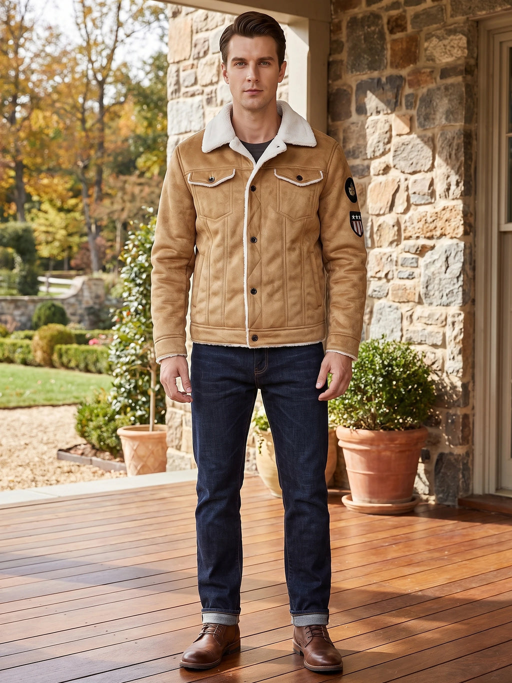 Model wearing a Khaki leather jacket with fleece-lined collar and flap chest pockets on a stone porch.