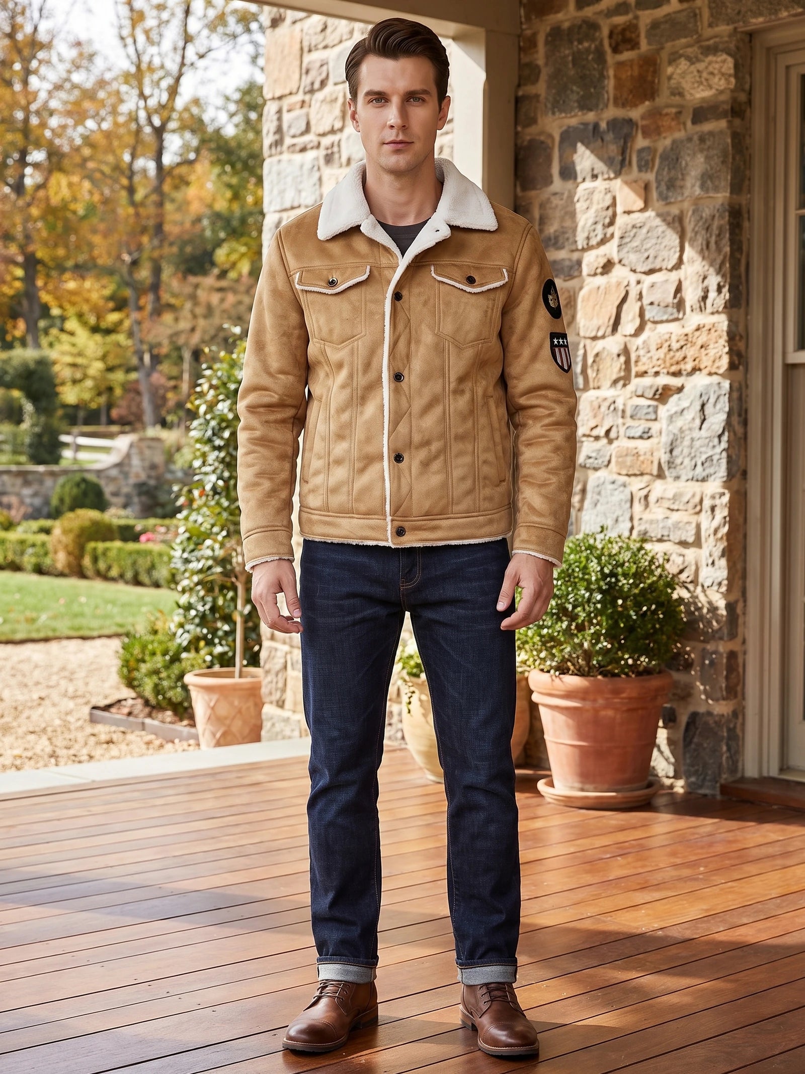 Model wearing a Khaki leather jacket with fleece-lined collar and flap chest pockets on a stone porch.
