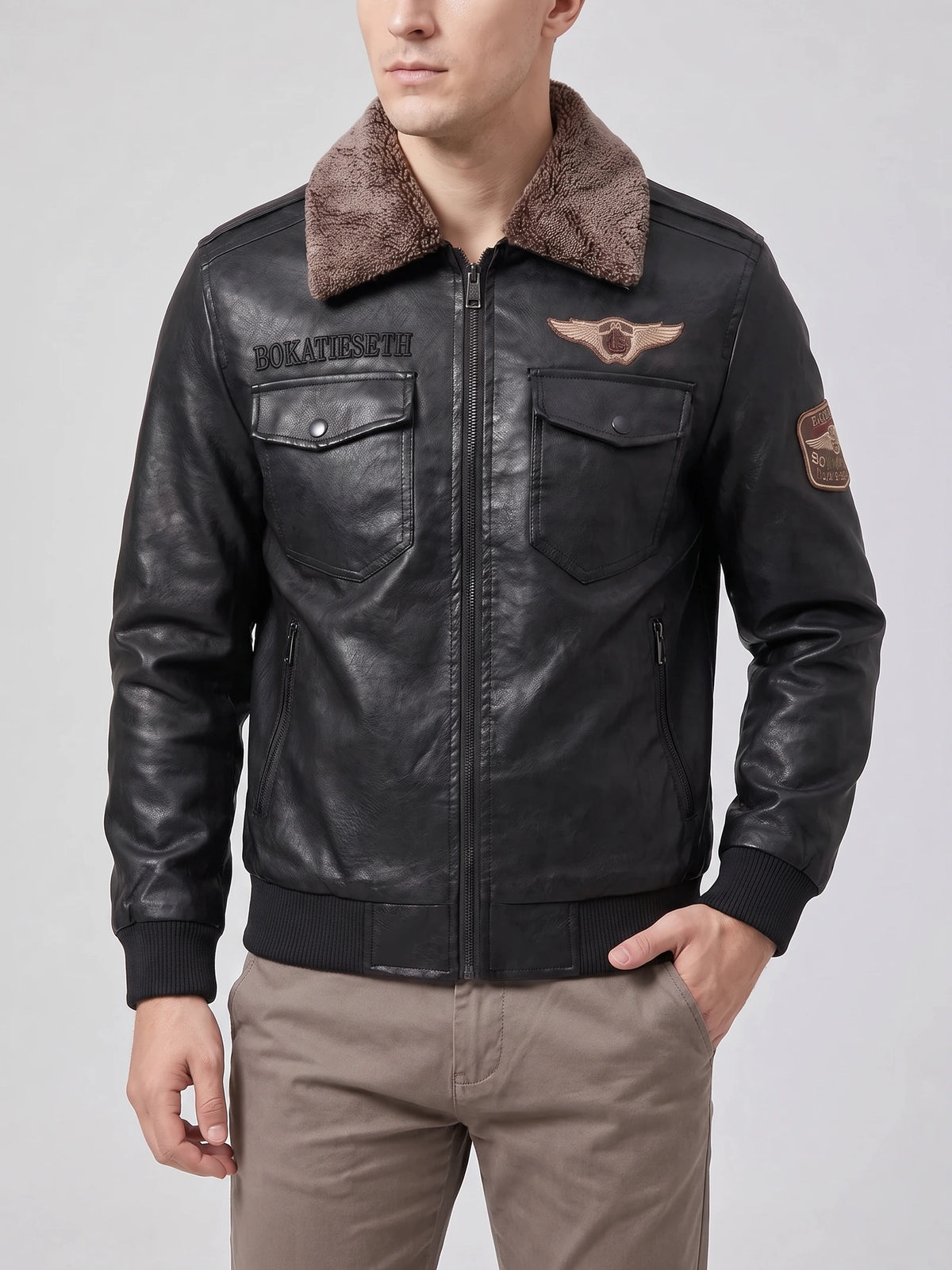 Front studio view of a model wearing a Black Leather Jacket with a shearling-style collar, zip front, flap chest pockets, and embroidered patches.