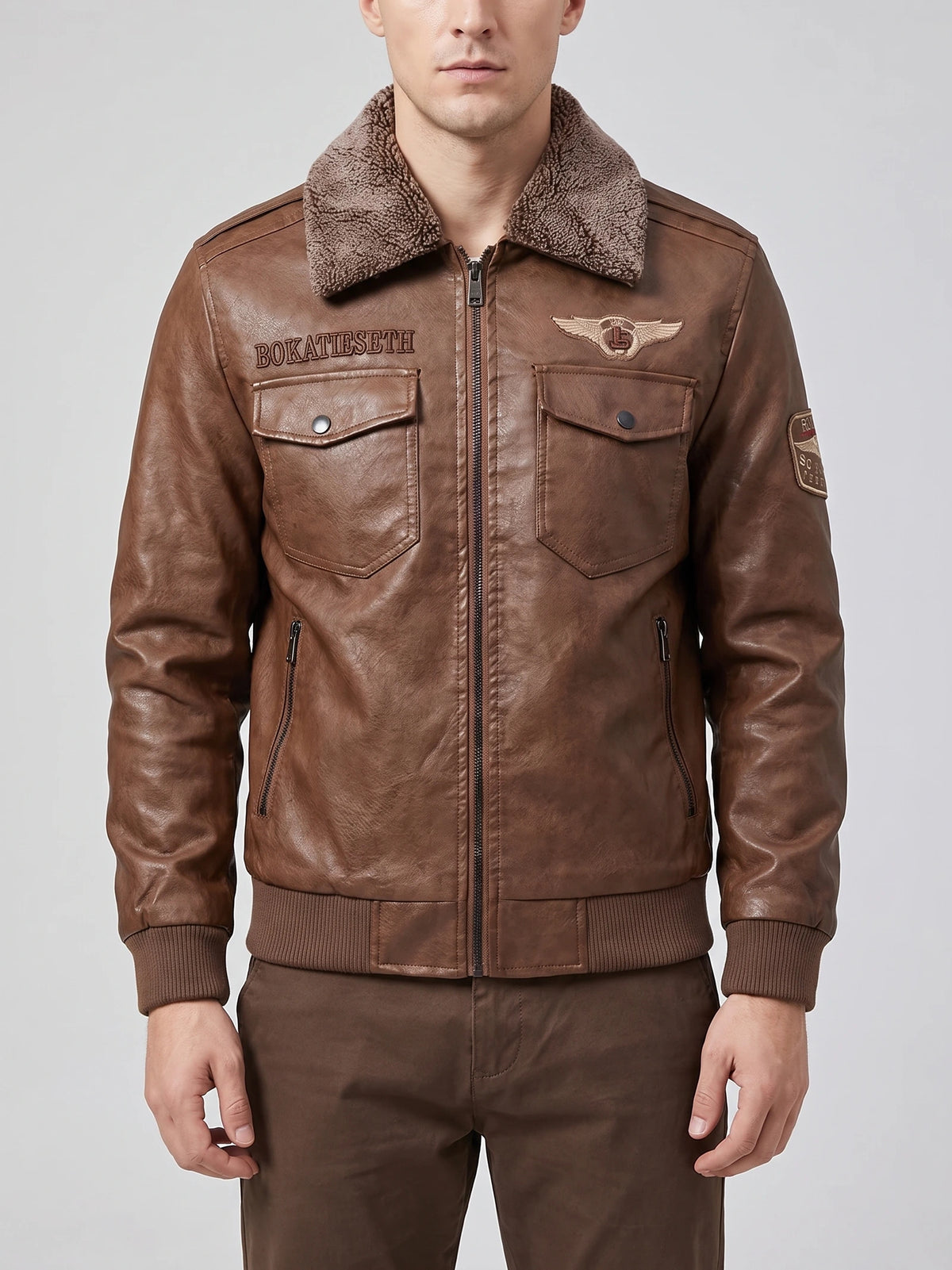 Front studio view of a model wearing a Brown leather jacket with a textured collar, zip front, flap chest pockets, and ribbed cuffs.