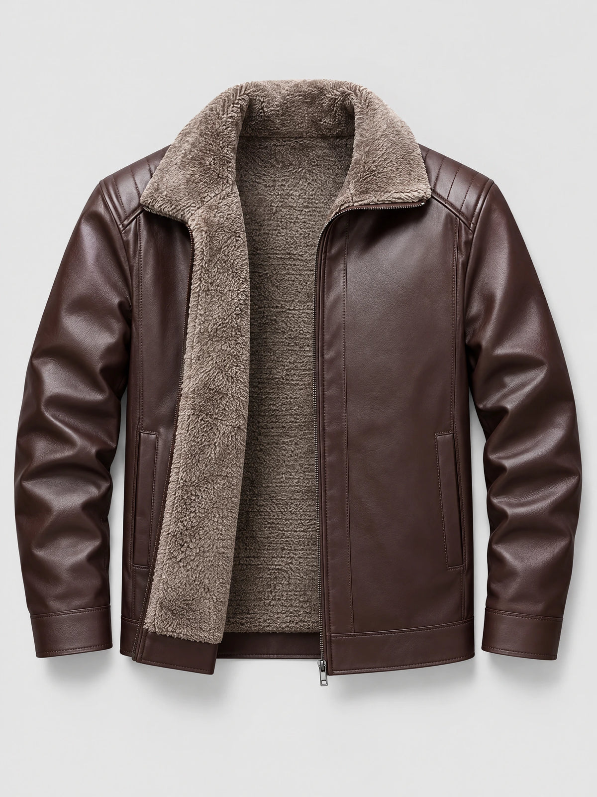 Brown Leather Moto Jacket laid flat with an open front, plush fleece lining, zip closure, and quilted shoulder panels.