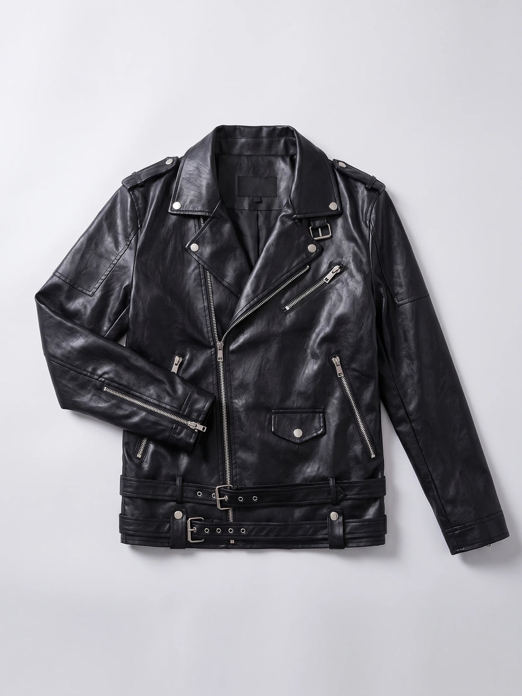 Black PU leather motorcycle jacket laid flat, showing an asymmetrical zip front, snap lapels, zip pockets, and belted waist.