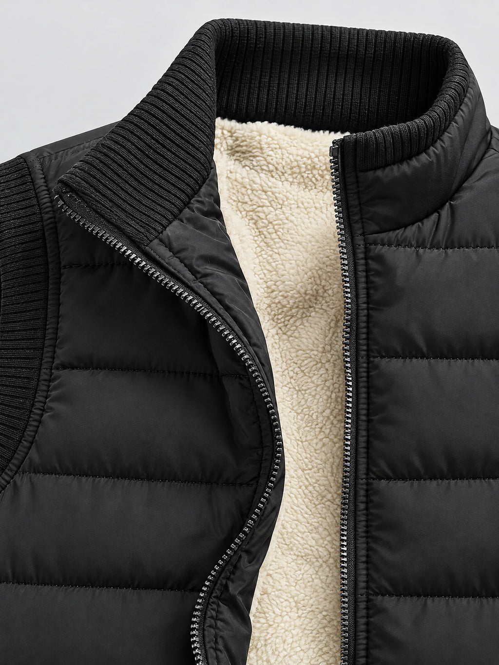 Close-up of the Black lightweight puffer vest showing its ribbed stand collar, front zipper, quilted shell, and plush inner lining.
