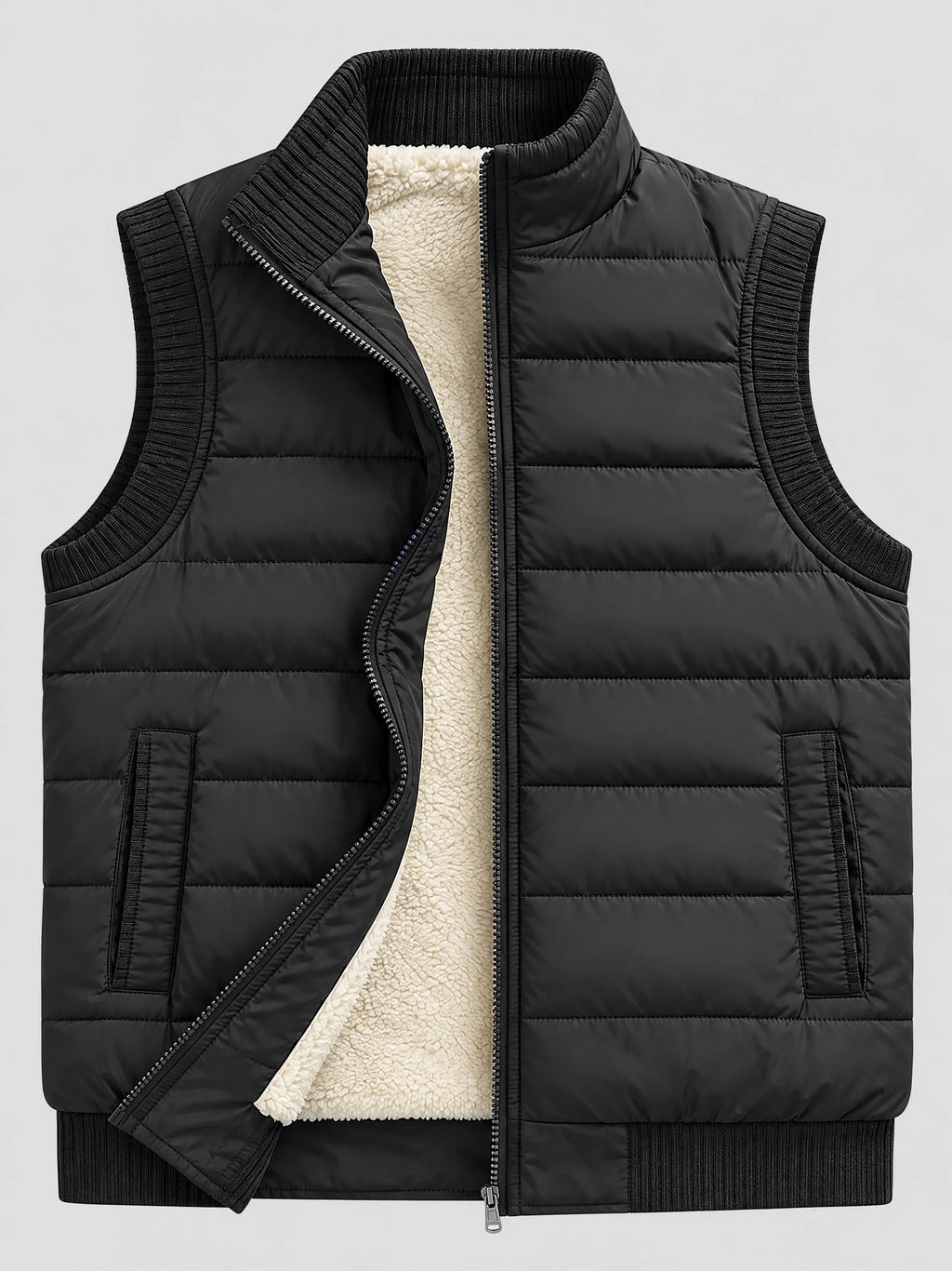 Black lightweight puffer vest laid flat with a zip front, ribbed trim, zip pockets, and exposed sherpa-style lining.