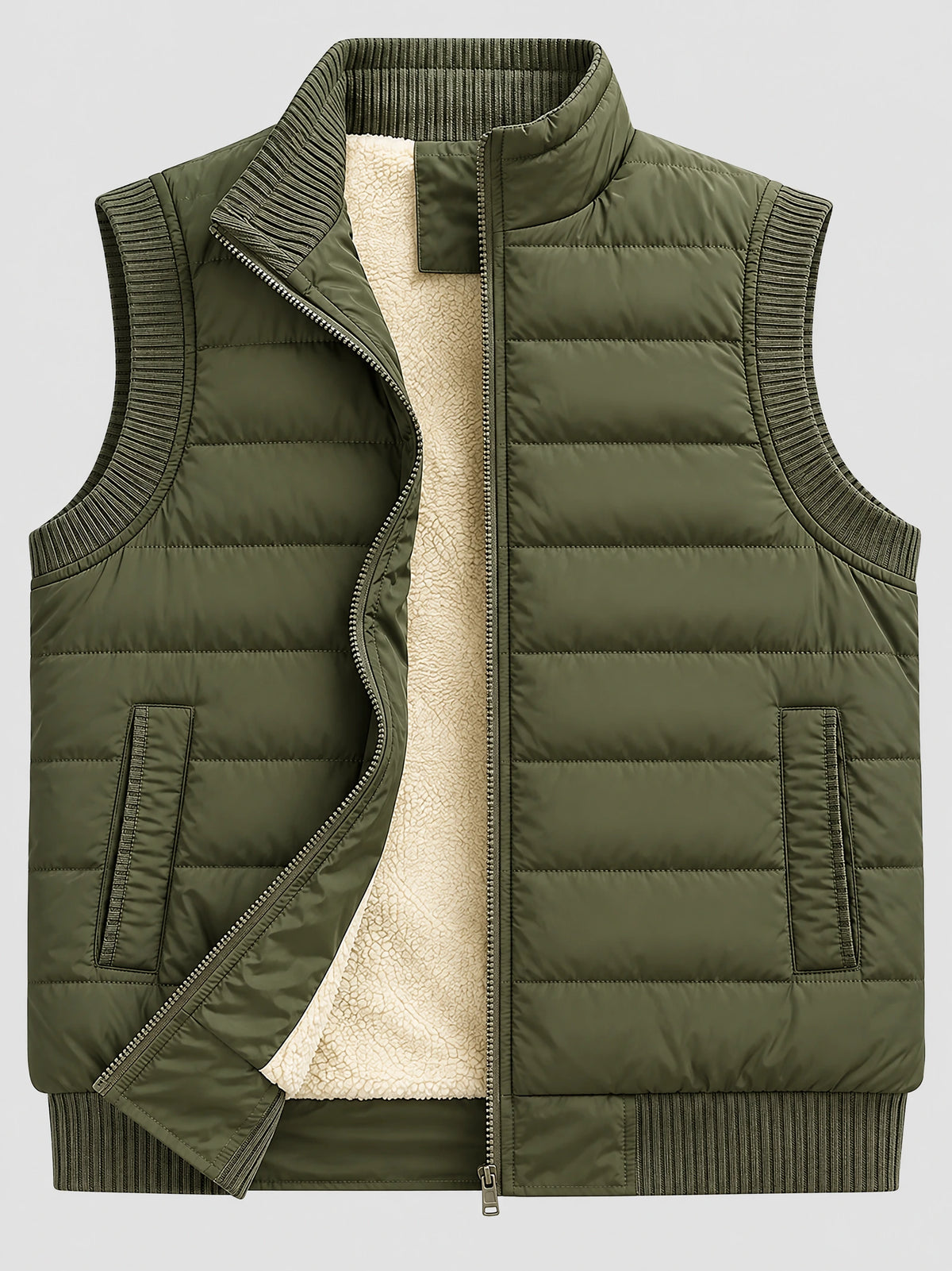 Green lightweight puffer vest laid flat with quilted panels, ribbed trim, zip-front closure, and plush inner lining.
