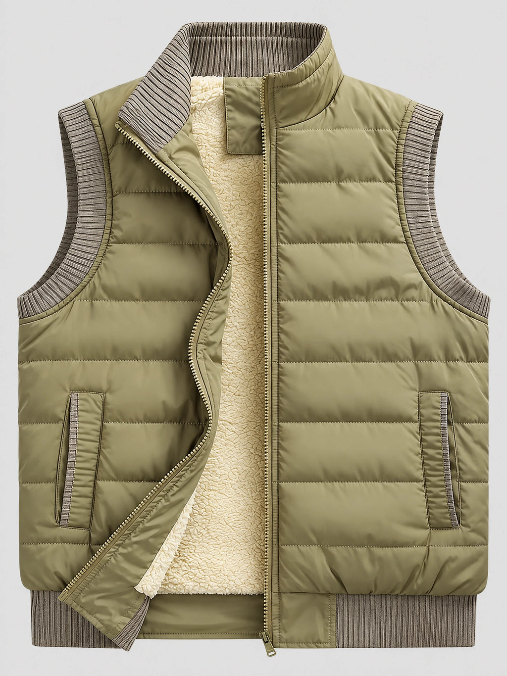 Khaki lightweight puffer vest laid flat with an open front zipper, quilted panels, ribbed trim, and fleece lining visible.