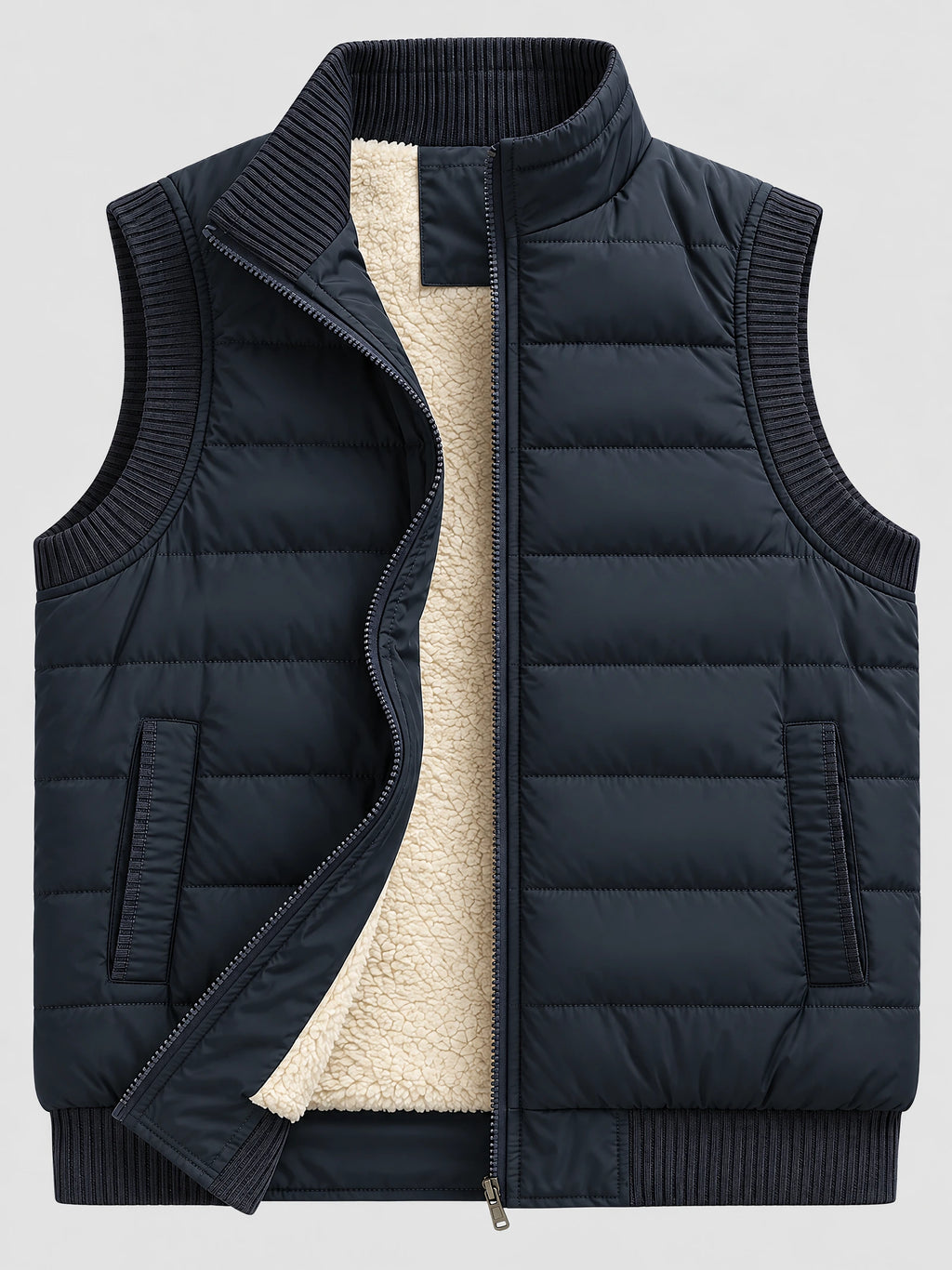 Navy lightweight puffer vest laid flat with an open front zipper, ribbed trim, zip pockets, and visible fleece lining.