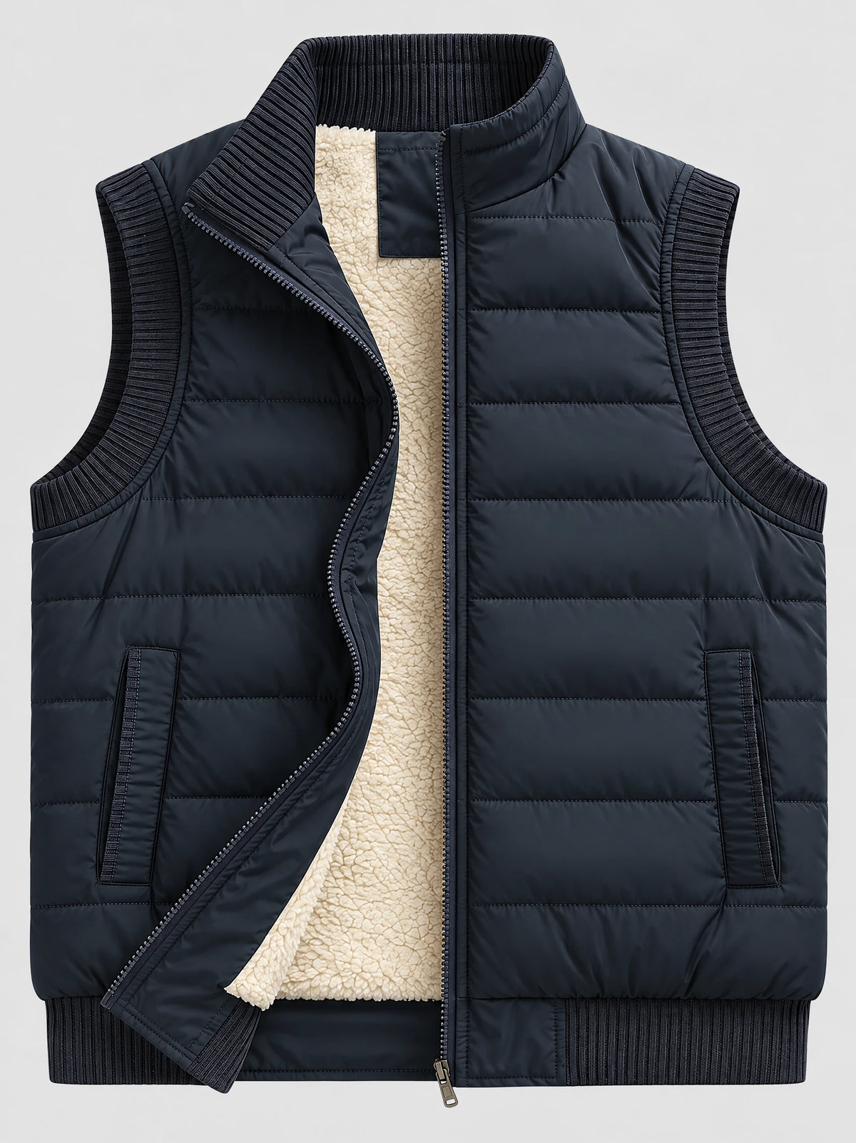 Navy lightweight puffer vest laid flat with an open front zipper, ribbed trim, zip pockets, and visible fleece lining.