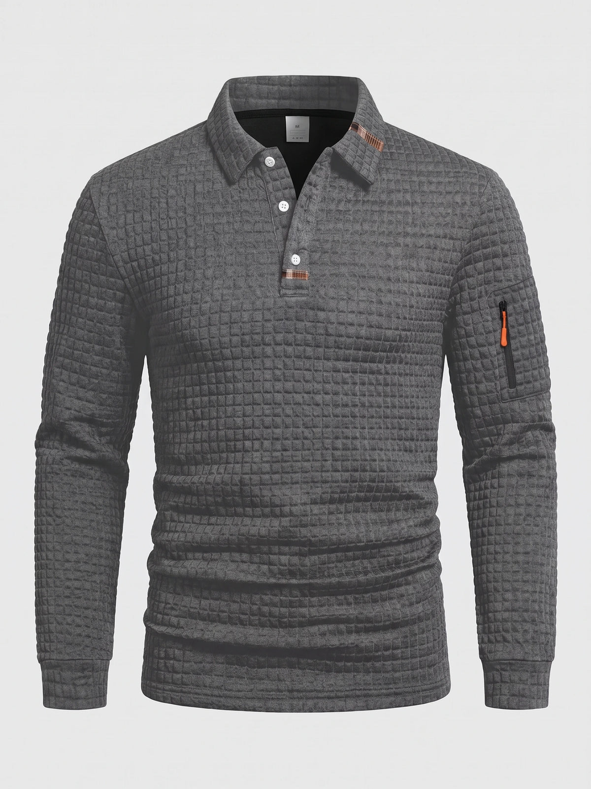 Gray long sleeve polo laid flat, featuring a textured grid pattern, three-button collar, and zippered sleeve pocket.